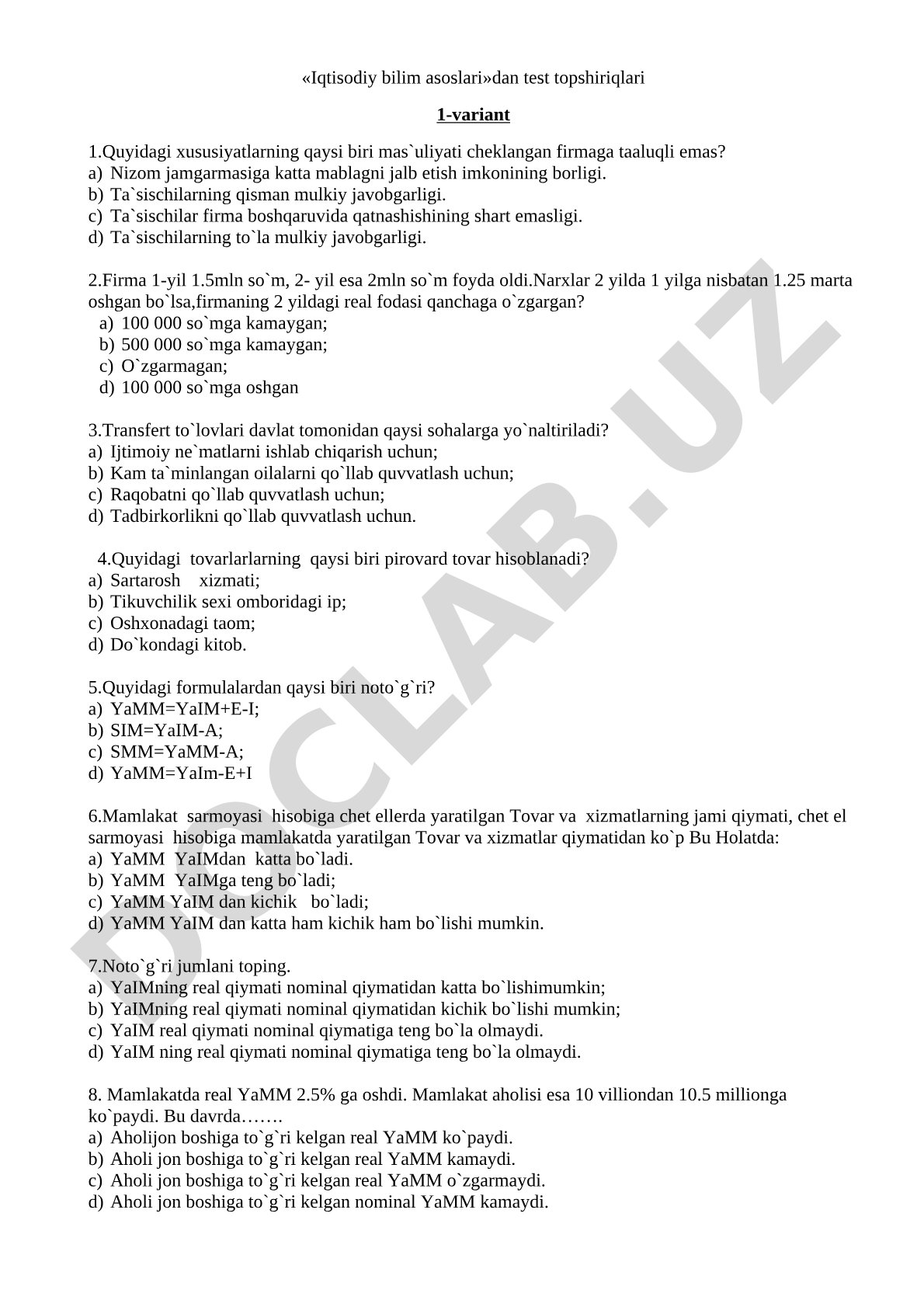 «Iqtisodiy bilim asoslari»dan test topshiriqlari 1-variant