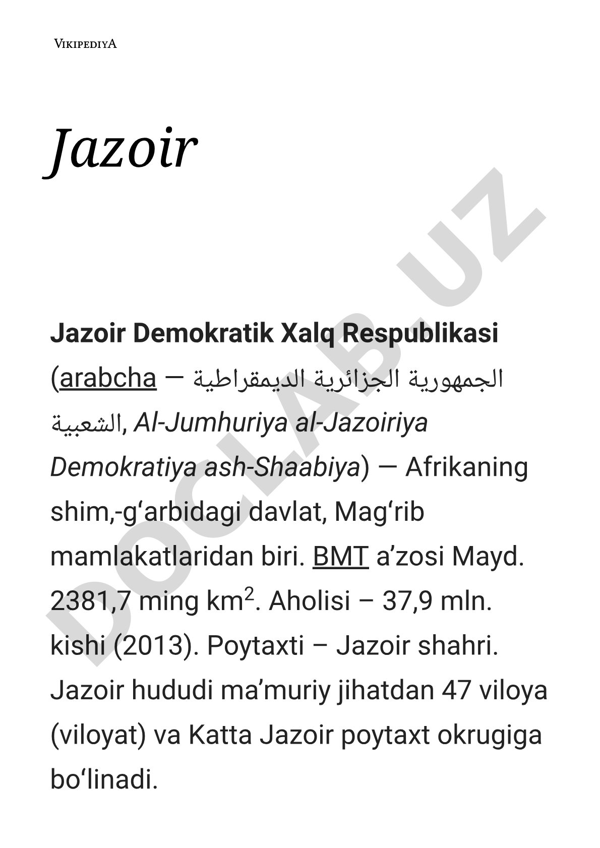 Jazoir Demokratik Xalq Respublikasi haqida ma'lumot: geografiyasi, aholisi, davlat