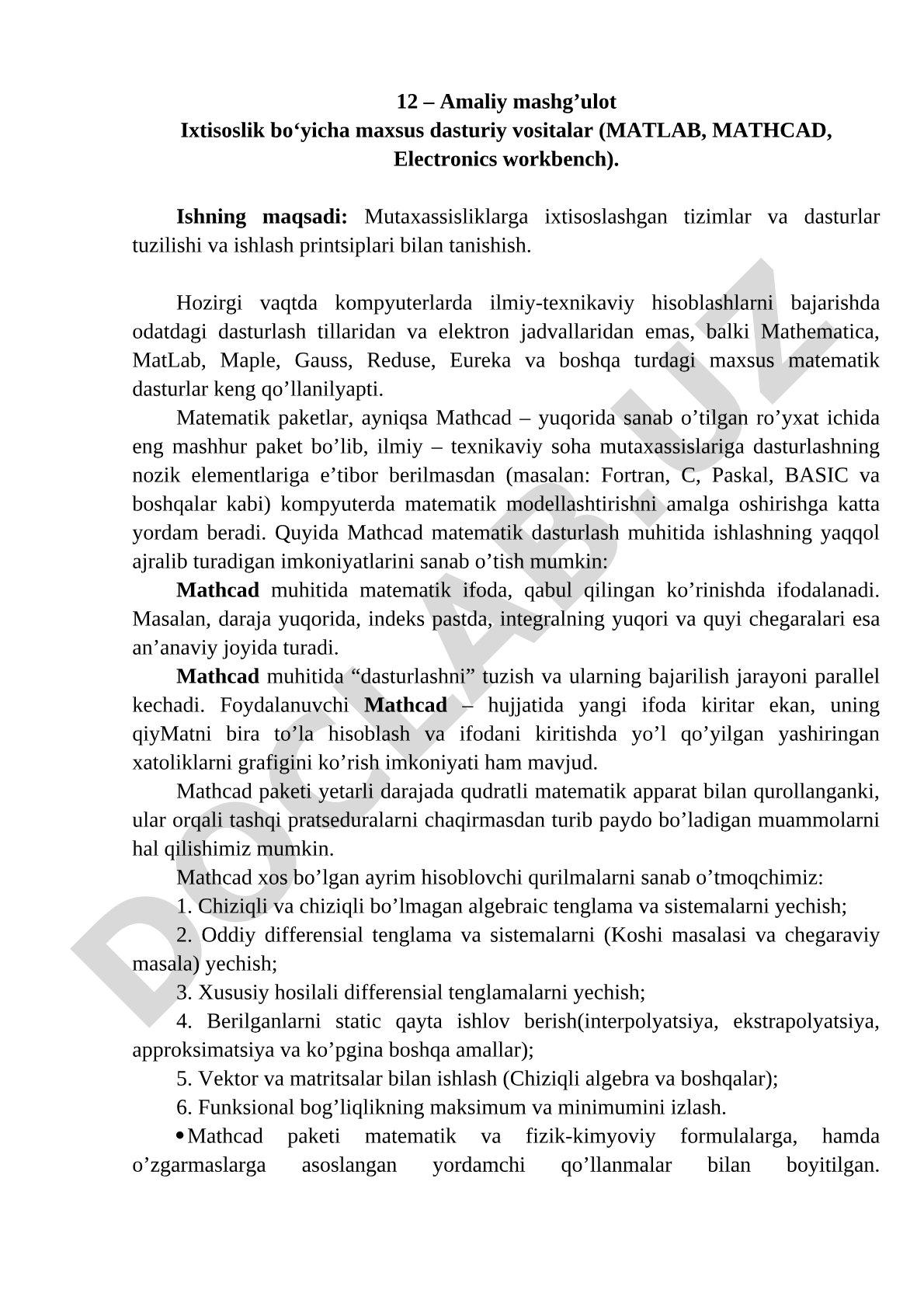 12 – Amaliy mashg’ulot Ixtisoslik bo‘yicha maxsus dasturiy vositalar (MATLAB, MATHCAD, Electronics w