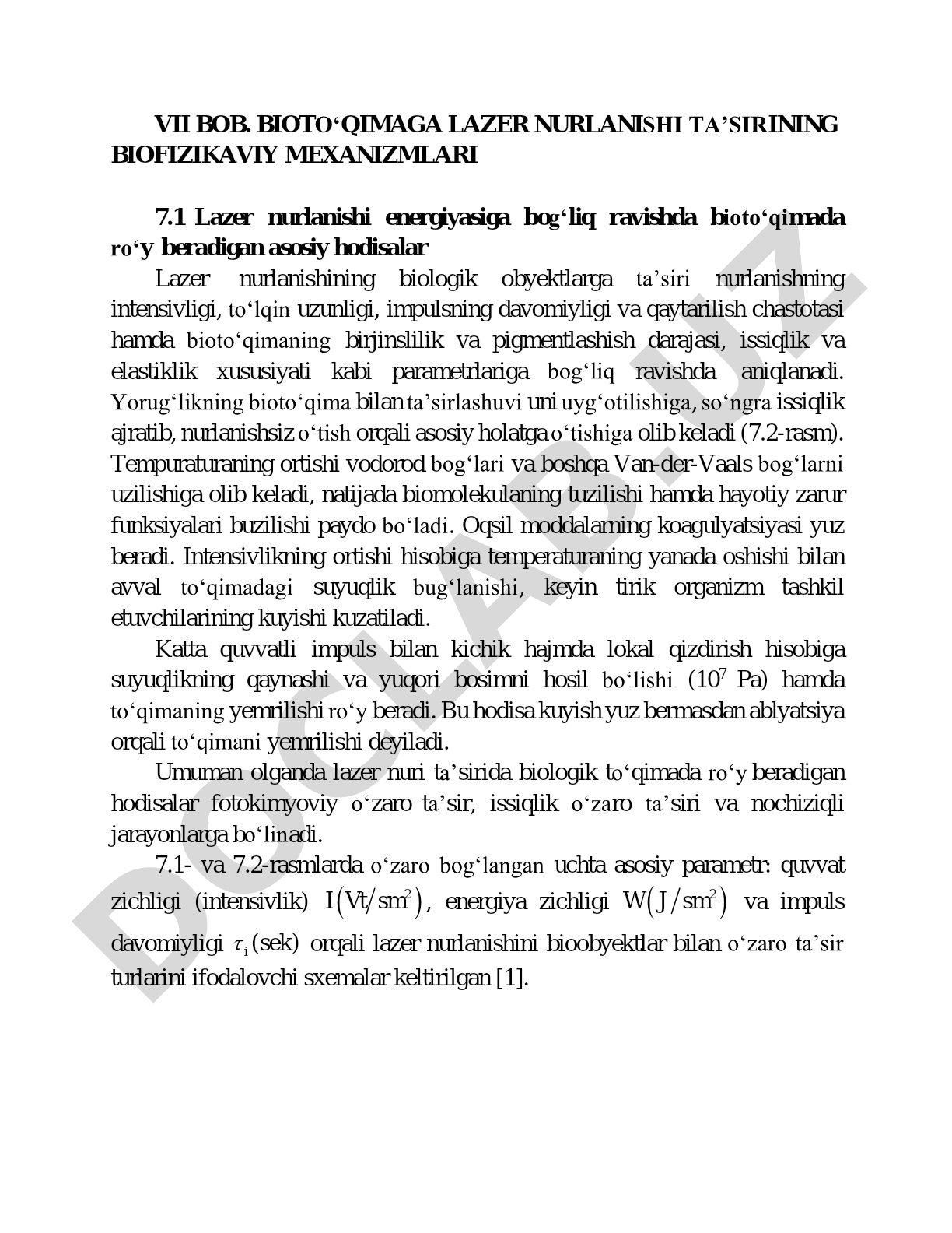 VII bob. bioto‘qimaga lazer nurlanishi ta’sirining biofizikaviy mexanizmlari
