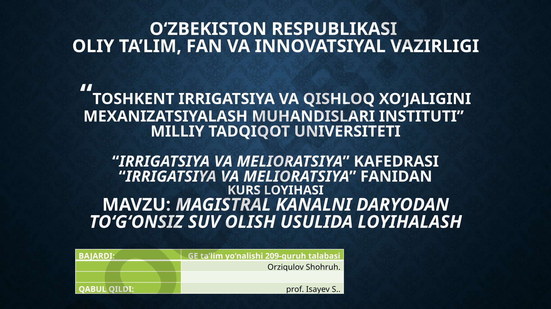 Magistral kanalni daryodan toʻgʻonsiz suv olish usulida loyihalash
