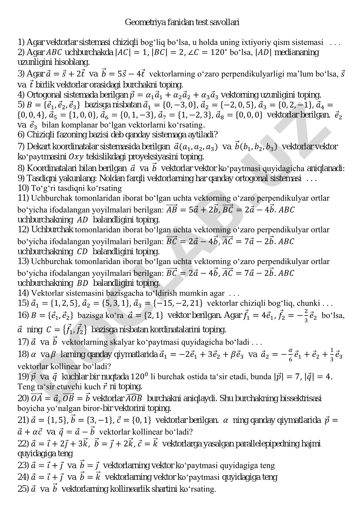 Geometriya fanidan test savollari