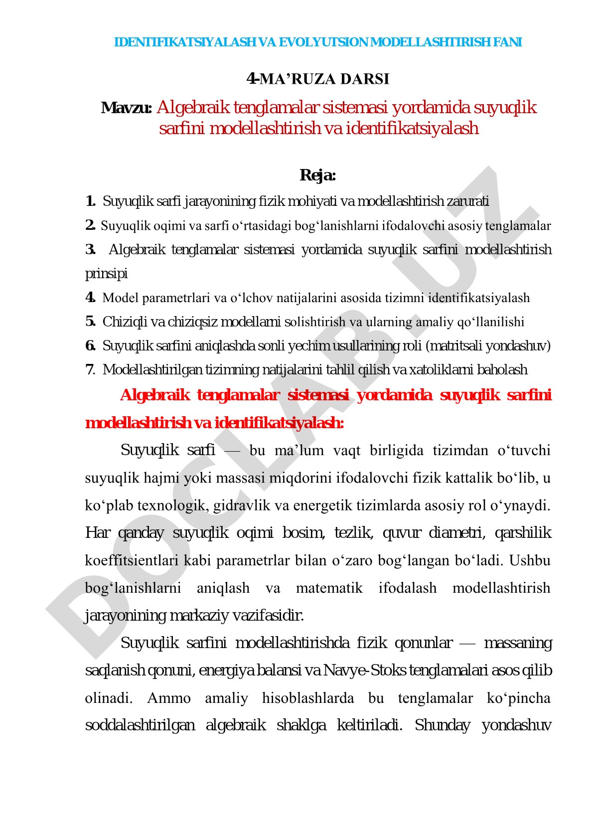Algebraik tenglamalar sistemasi yordamida suyuqlik sarfini modellashtirish va identifikatsiyalash