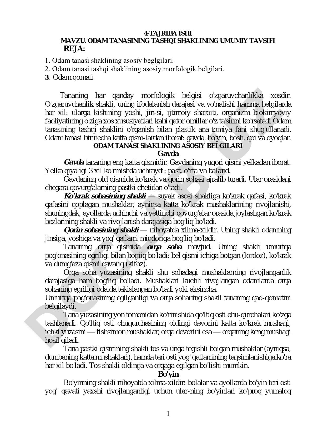 Odam tanasining tashqi shaklining umumiy tavsifi