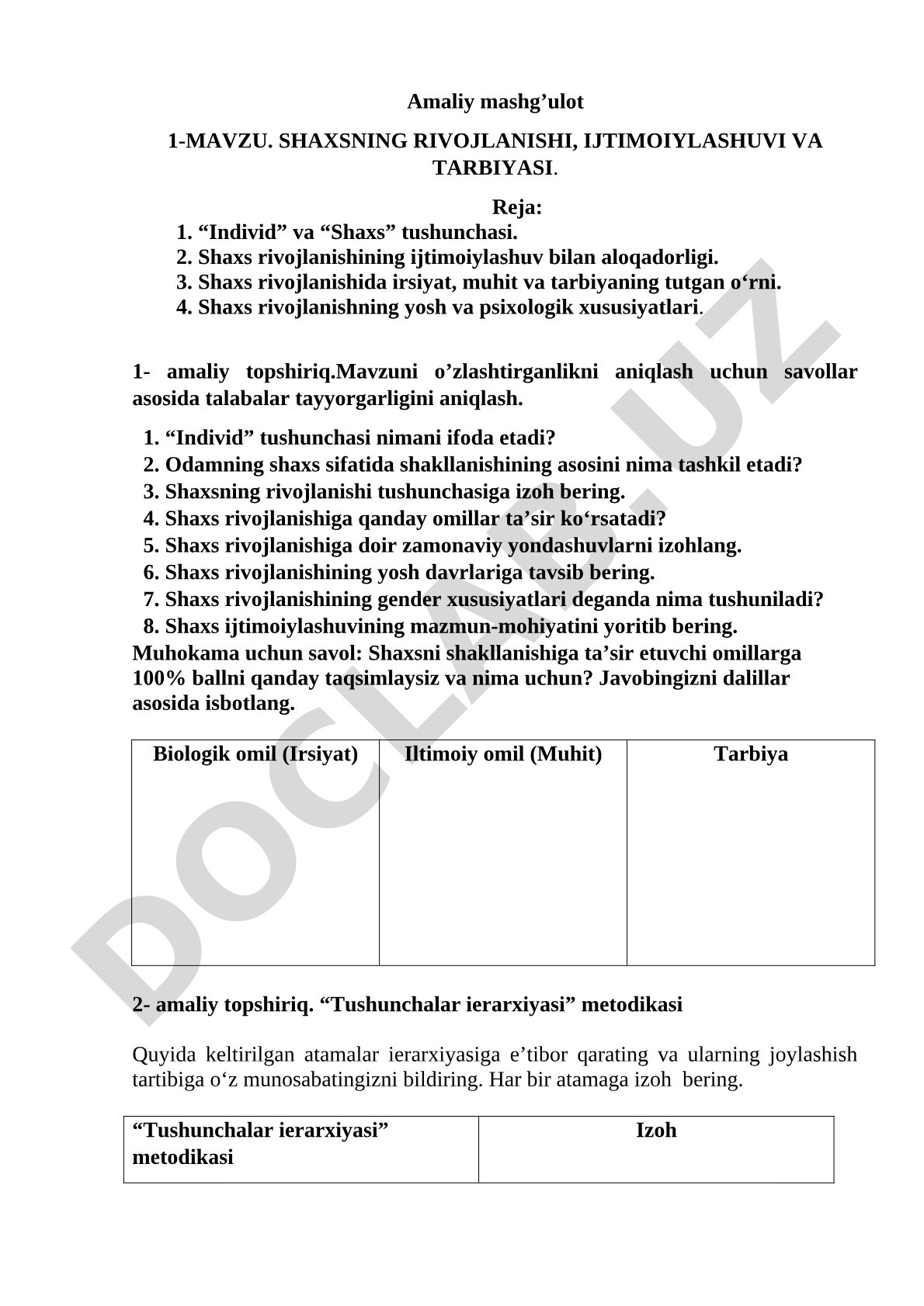 SHAXSNING RIVOJLANISHI, IJTIMOIYLASHUVI VA TARBIYASI