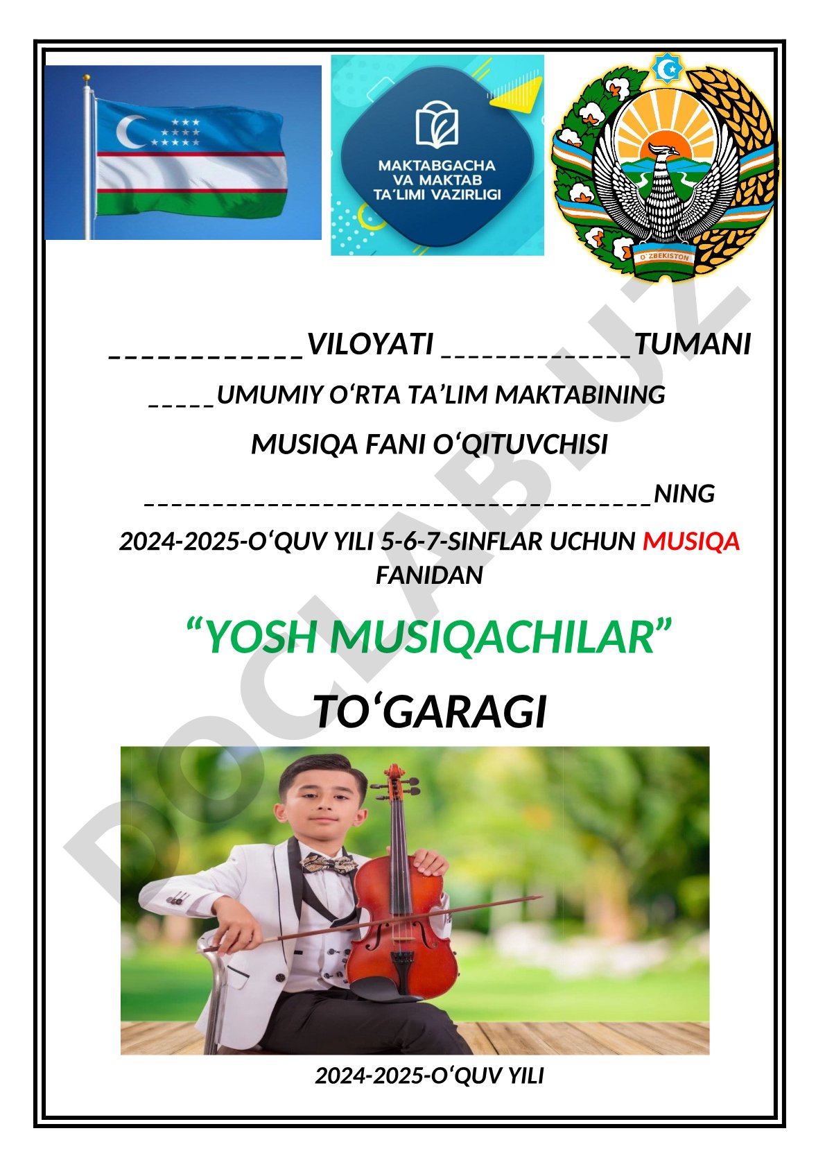 Yosh musiqachilar to‘garagi ish rejasi va a’zolar ro‘yxati
