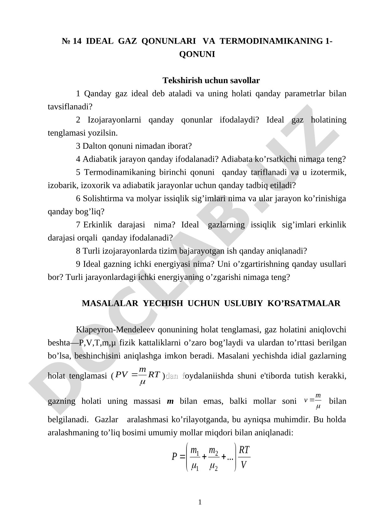 Ideal gaz qonunlari va termodinamikaning 1-qonuni