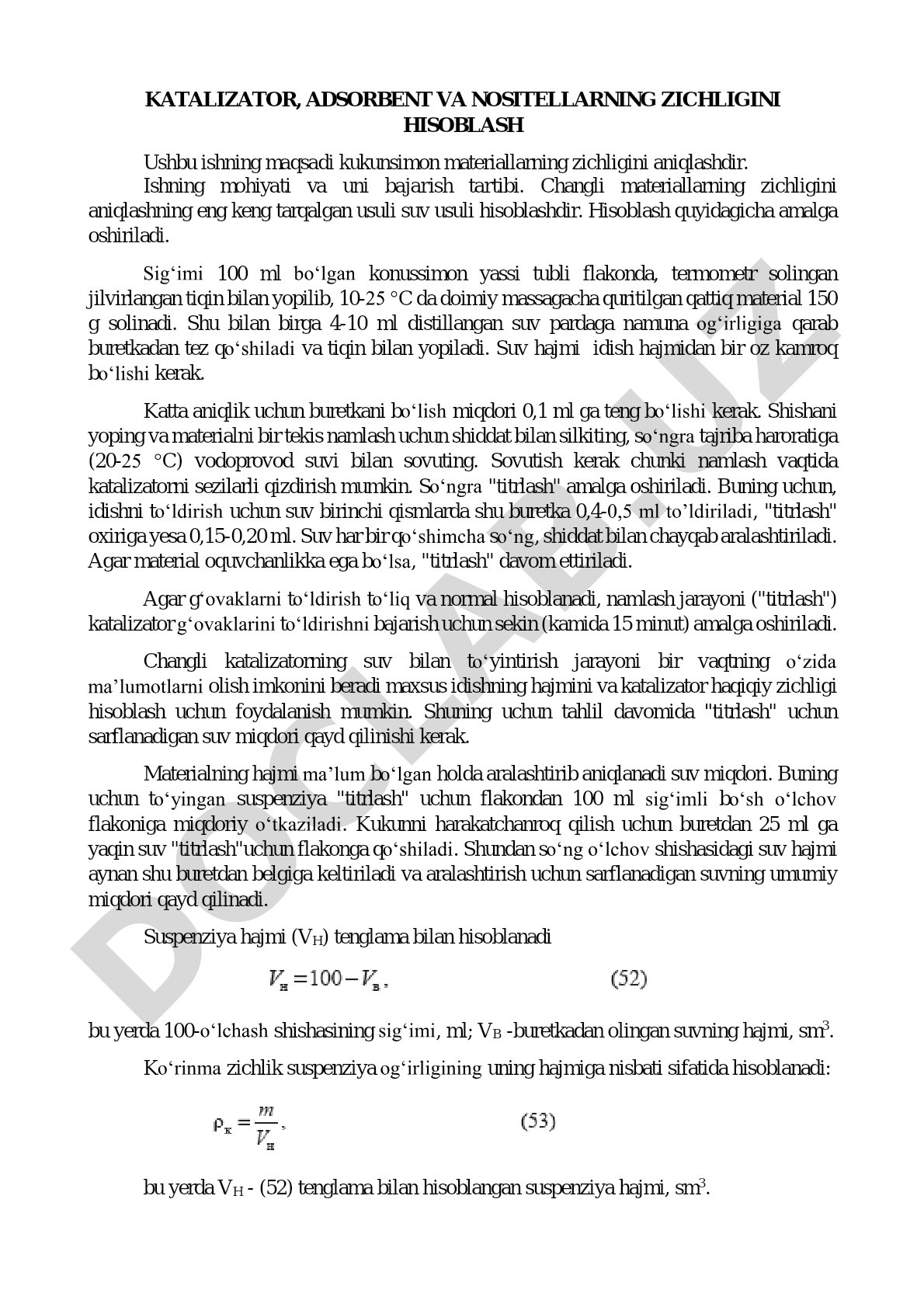 Katalizator, adsorbent va nositellarning zichligini hisoblash