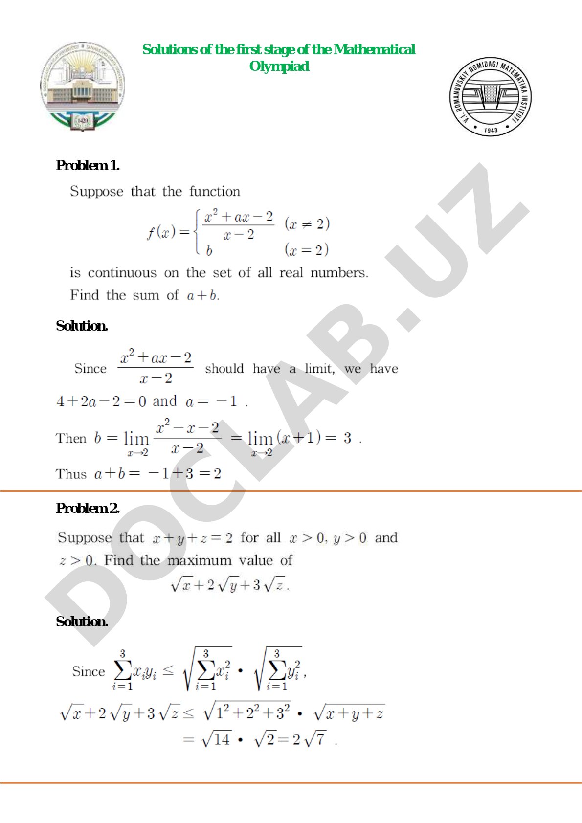 Solutions of the first stage of the Mathematical Olympiad