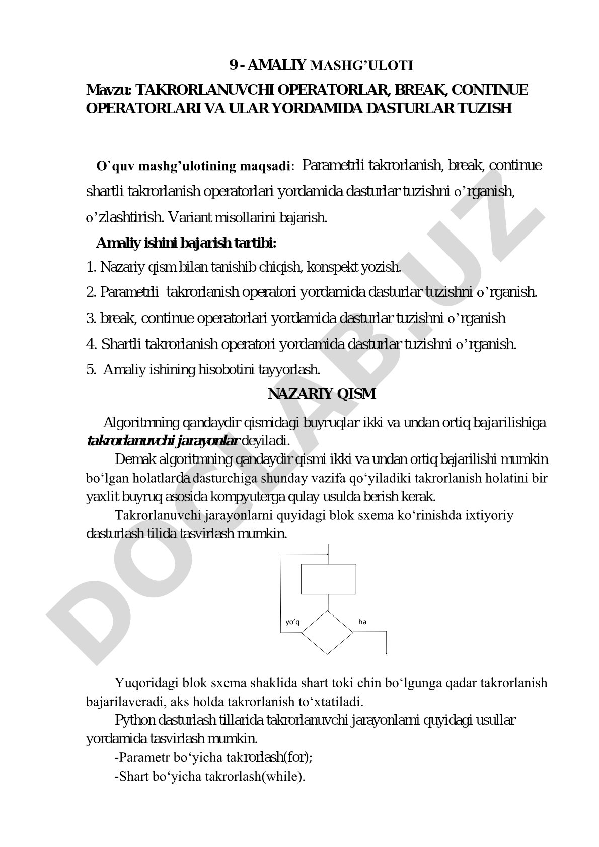 TAKRORLANUVCHI OPERATORLAR, BREAK, CONTINUE OPERATORLARI VA ULAR YORDAMIDA DASTURLAR TUZISH