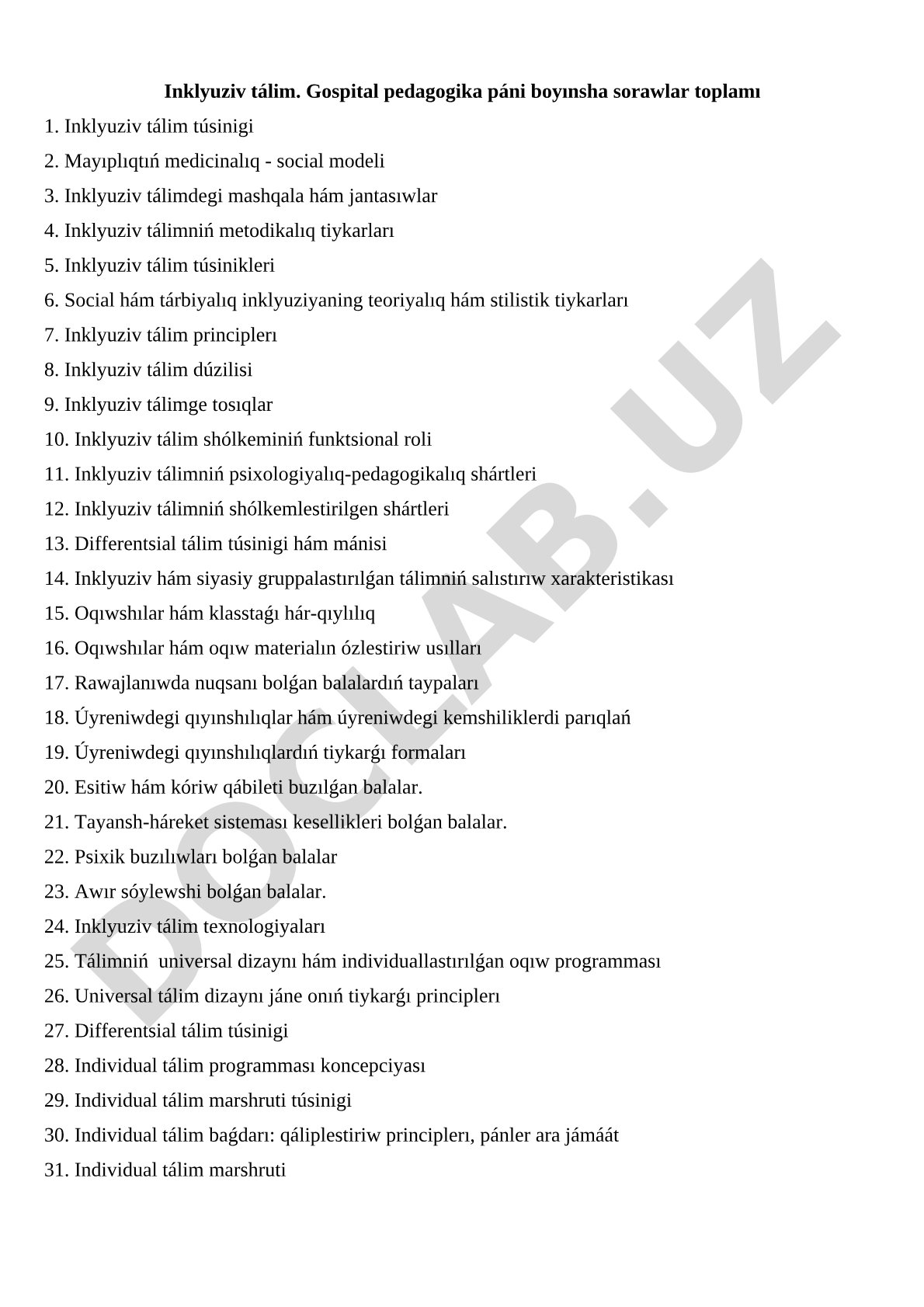 Inklyuziv tálim hám gospital pedagogika sorawları