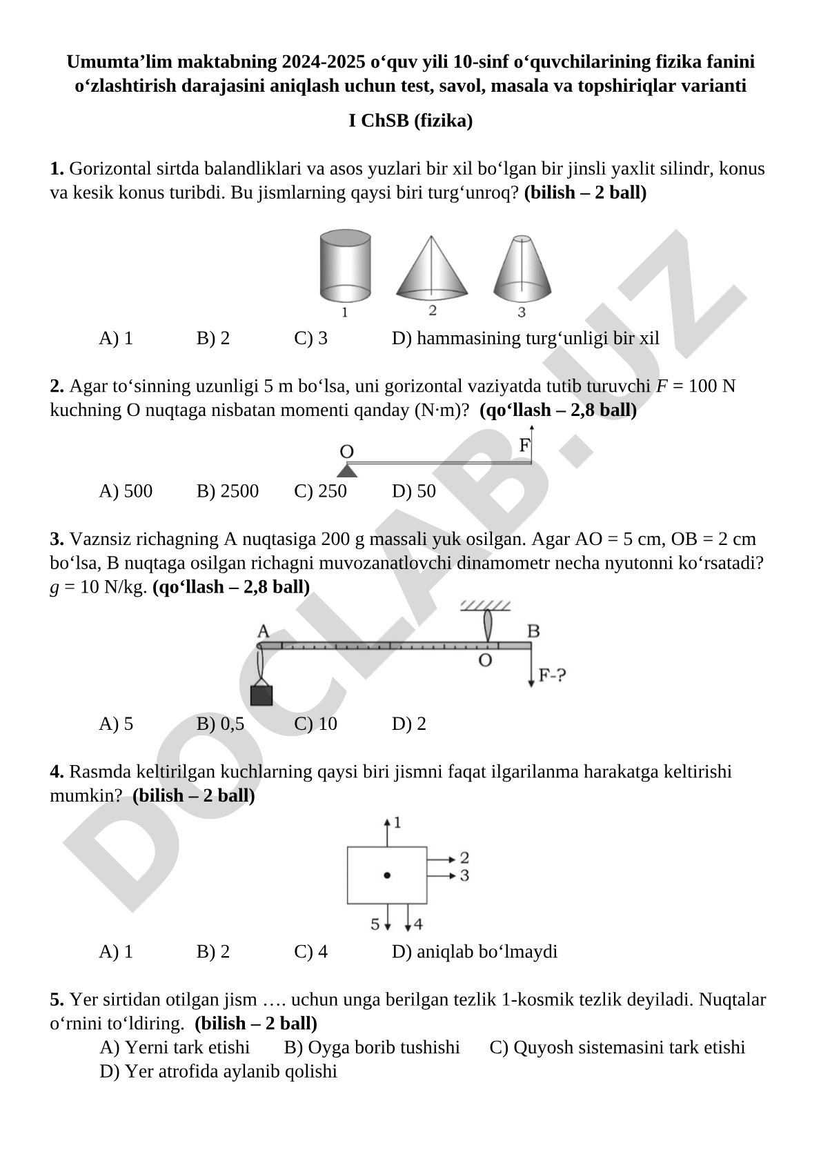 10-sinf fizika I ChSB test va masalalar