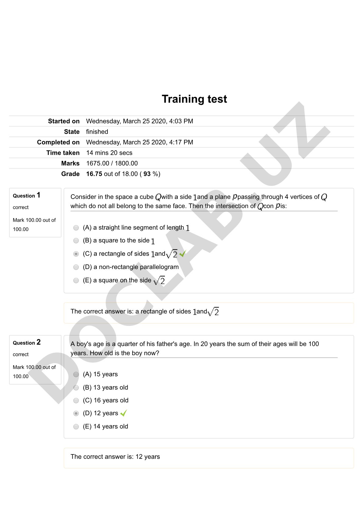 Training test on mathematics with geometry and equations