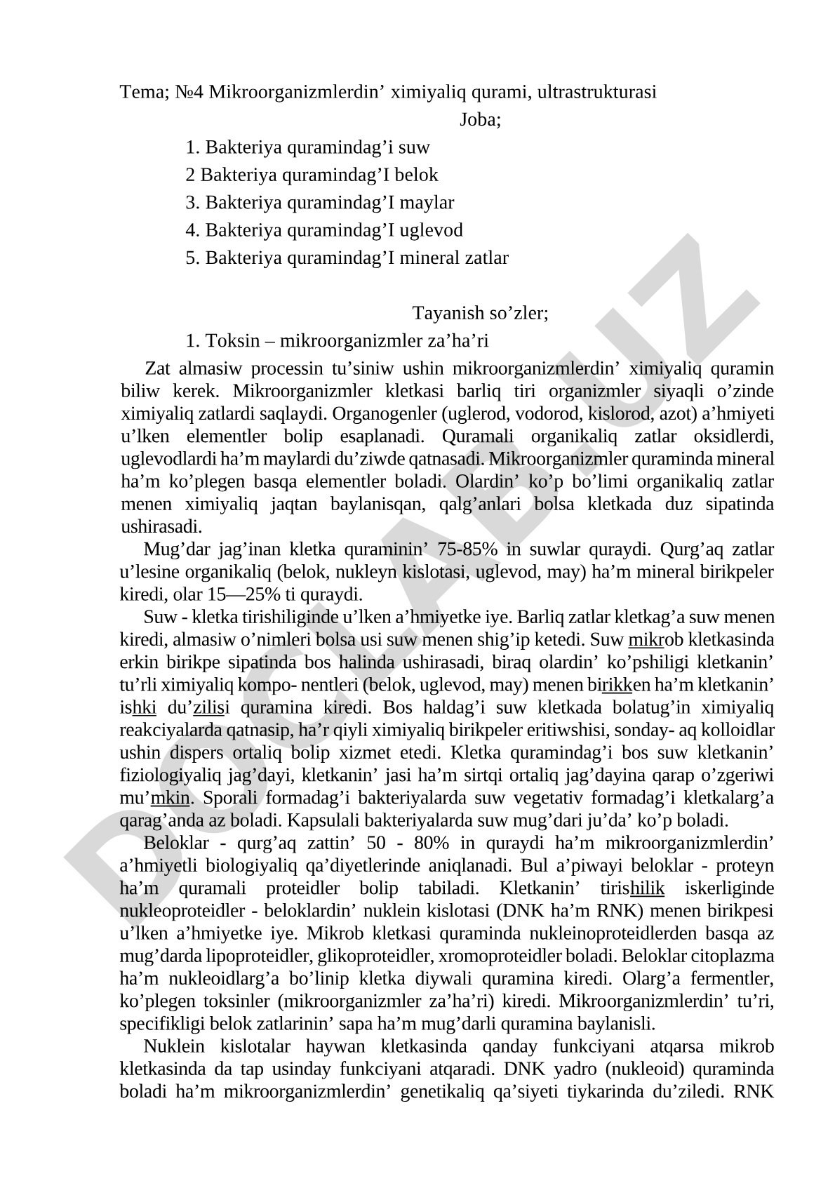 Mikroorganizmlerdin’ ximiyaliq qurami, ultrastrukturasi