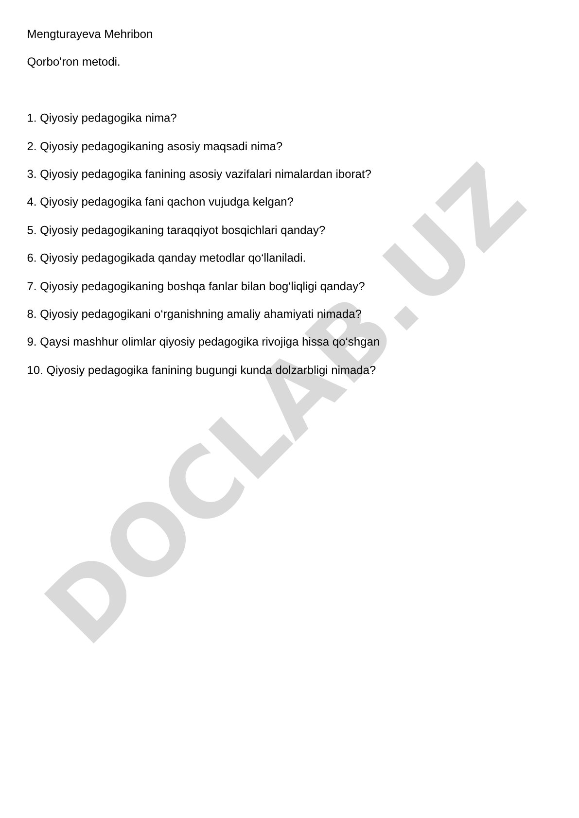 Qiyosiy pedagogika fanidan savollar