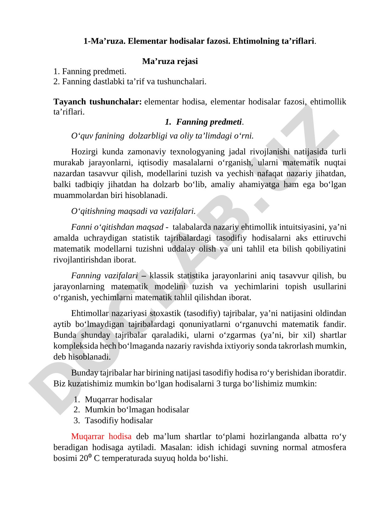 Elementar hodisalar fazosi. Ehtimolning ta'riflari