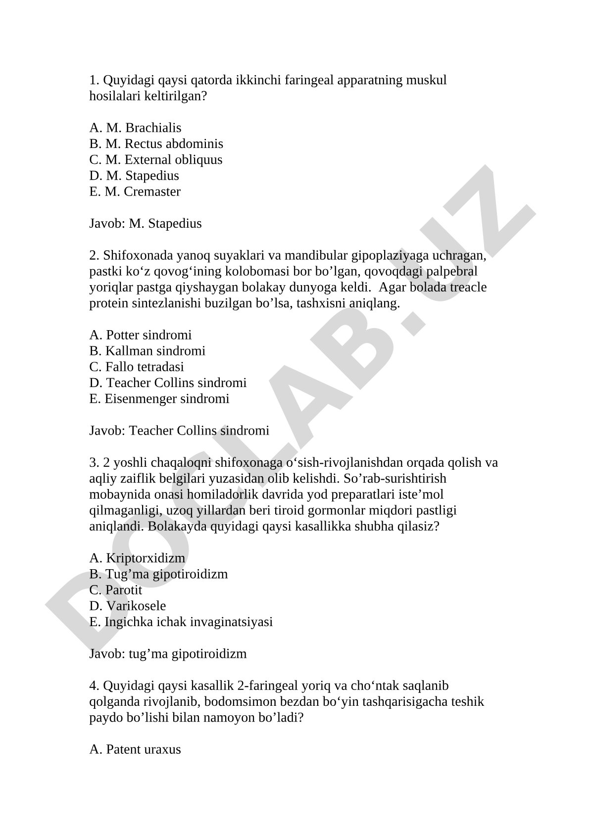 Tibbiyot test savollari: faringeal apparat va sindromlar