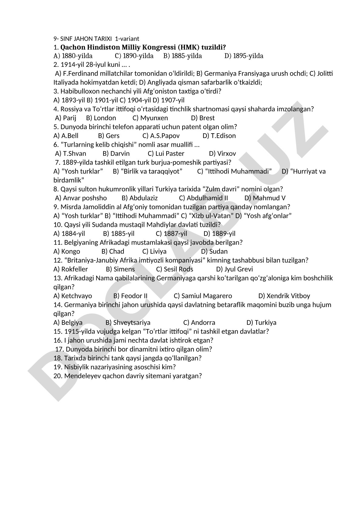 9-sinf Jahon tarixi 1-variant