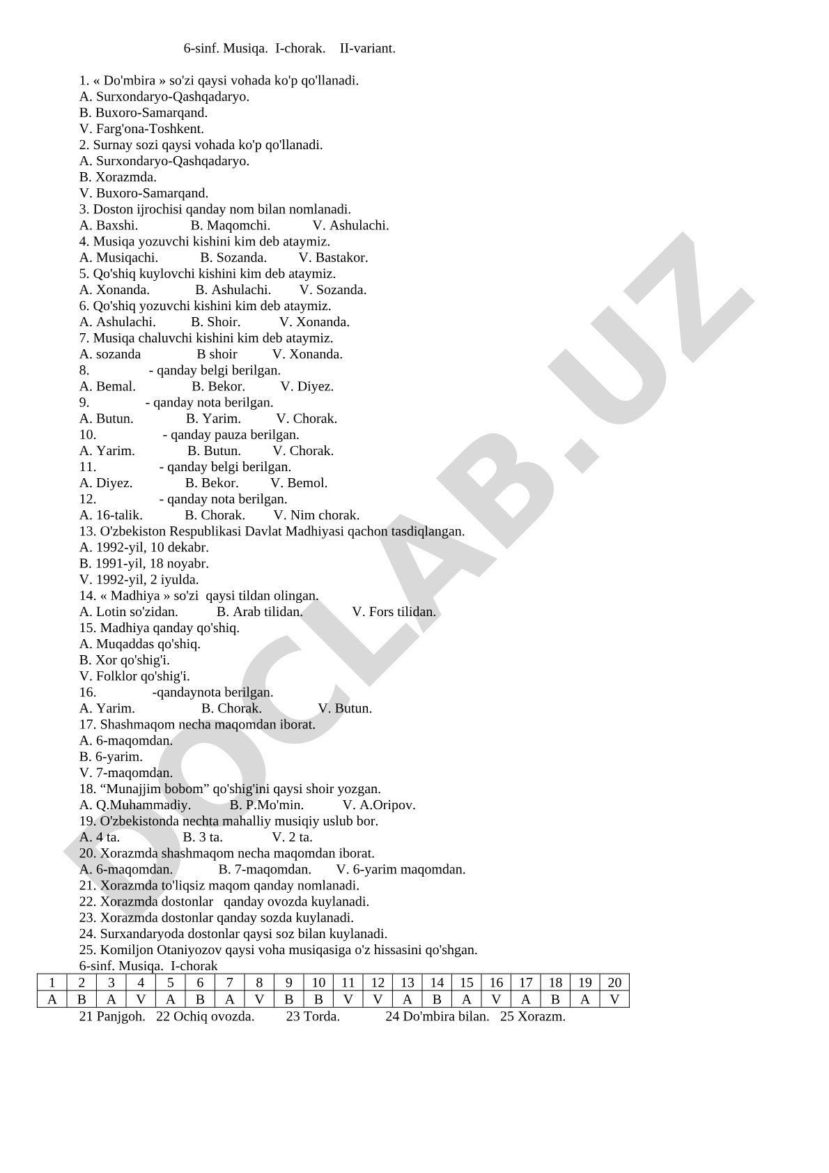 6-sinf Musiqa I-chorak II-variant test savollari