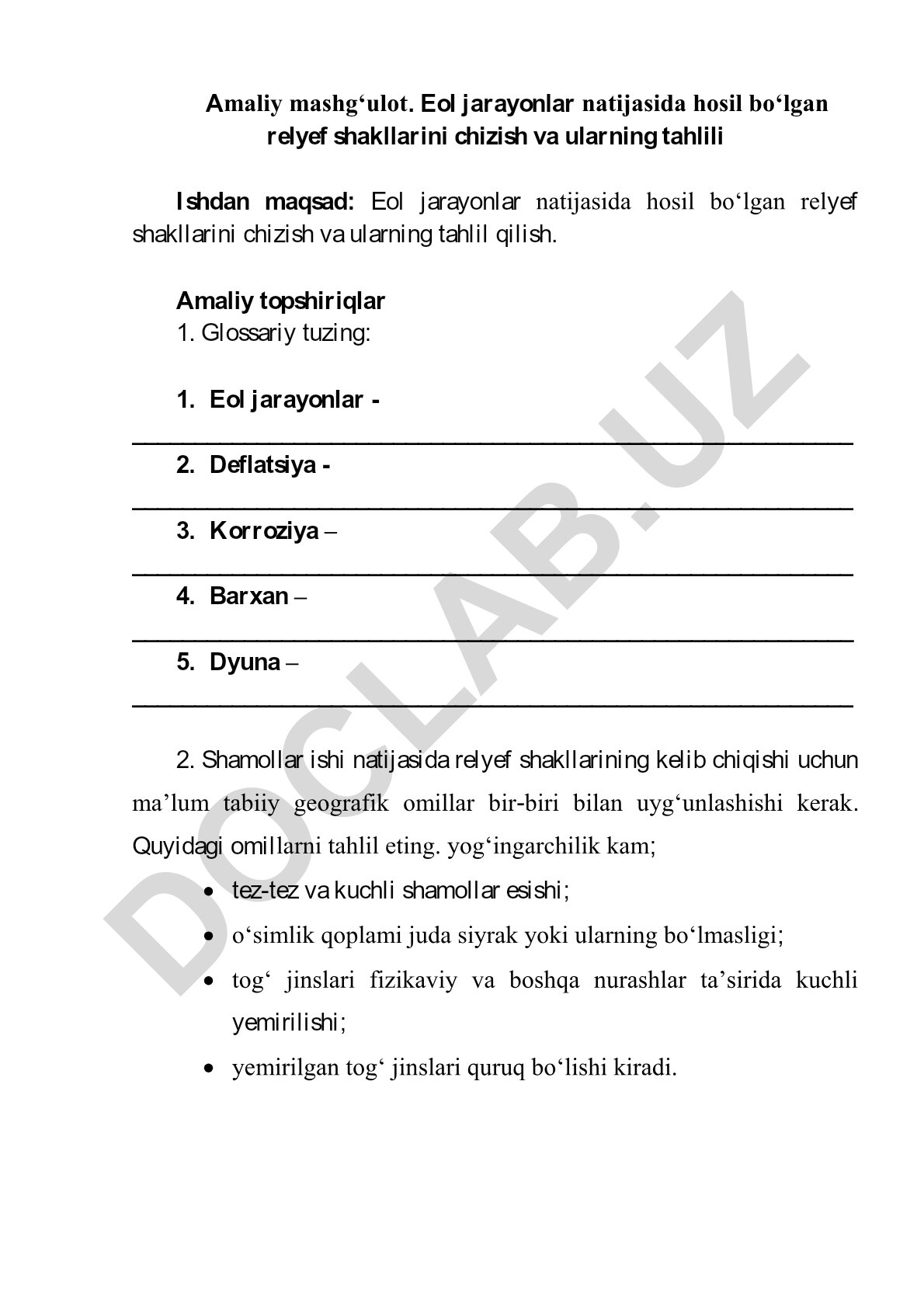 Eol jarayonlar natijasida hosil bo‘lgan relyef shakllarini chizish va tahlil qilish