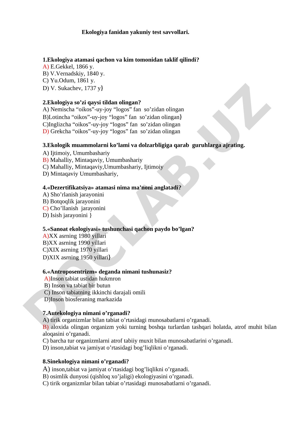 Ekologiya fanidan yakuniy test savollari