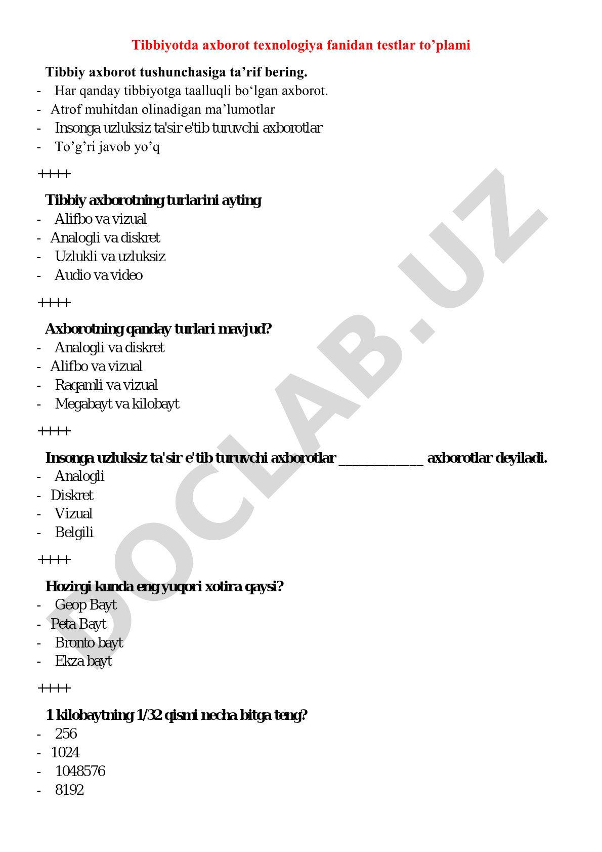 Tibbiyotda axborot texnologiya fanidan testlar to’plami