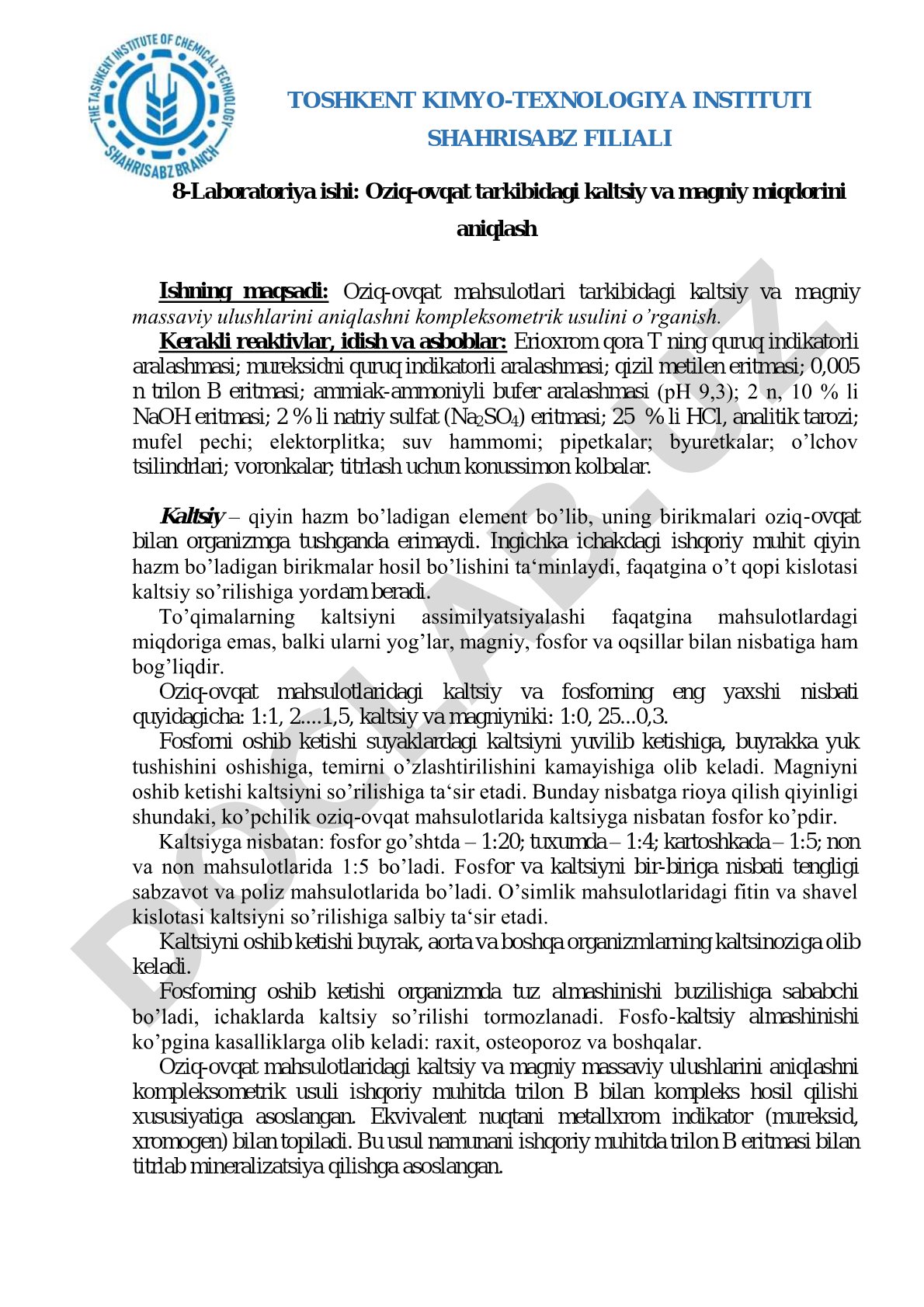 Oziq-ovqat tarkibidagi kaltsiy va magniy miqdorini aniqlash