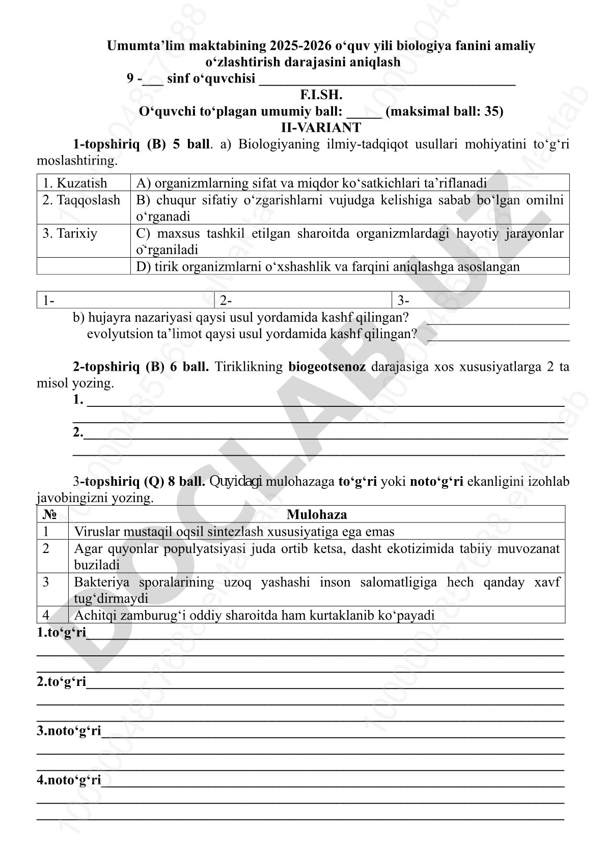 Biologiya fanidan 9-sinf amaliy o'zlashtirish darajasini aniqlash (II-variant)
