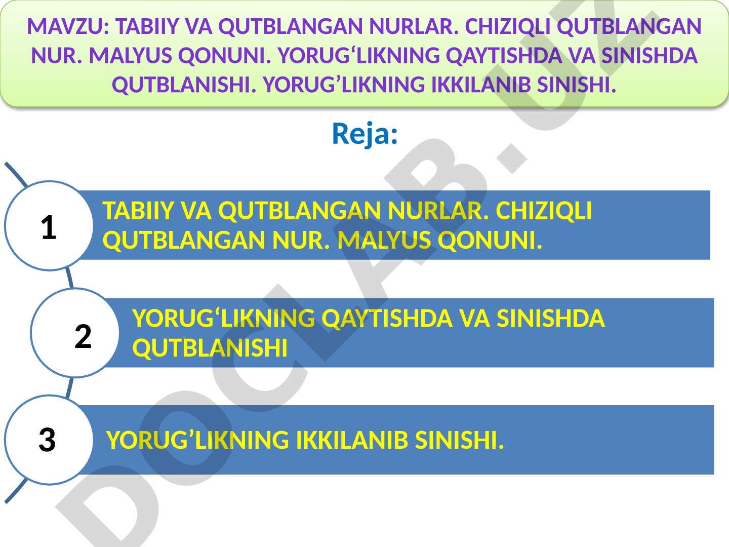 Tabiiy va qutblangan nurlar. Chiziqli qutblangan nur. Malyus qonuni. Yorug‘likning qaytishda va sinishda qutblanishi. Yorug’likning ikkilanib sinishi