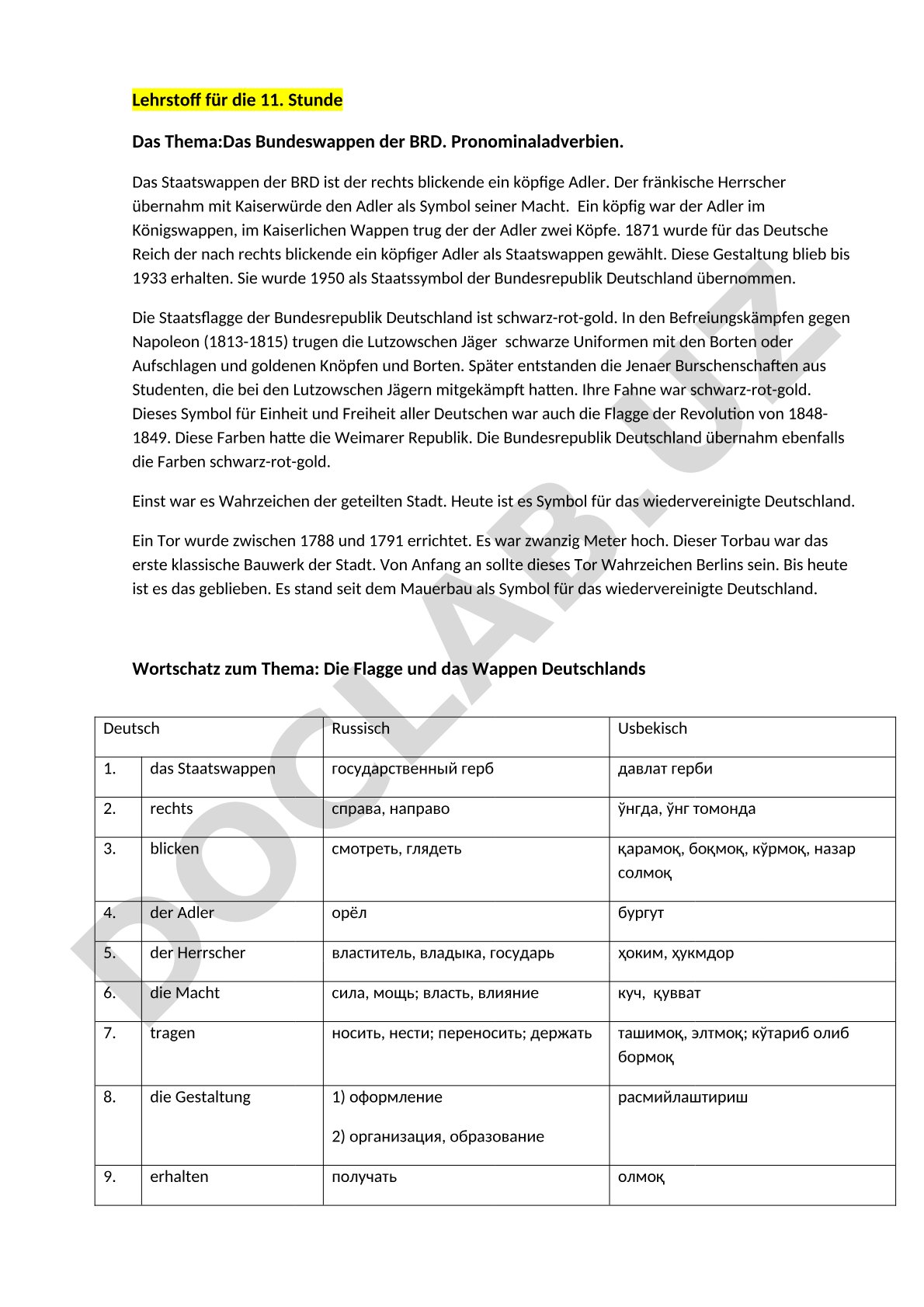 Das Bundeswappen der BRD. Pronominaladverbien.