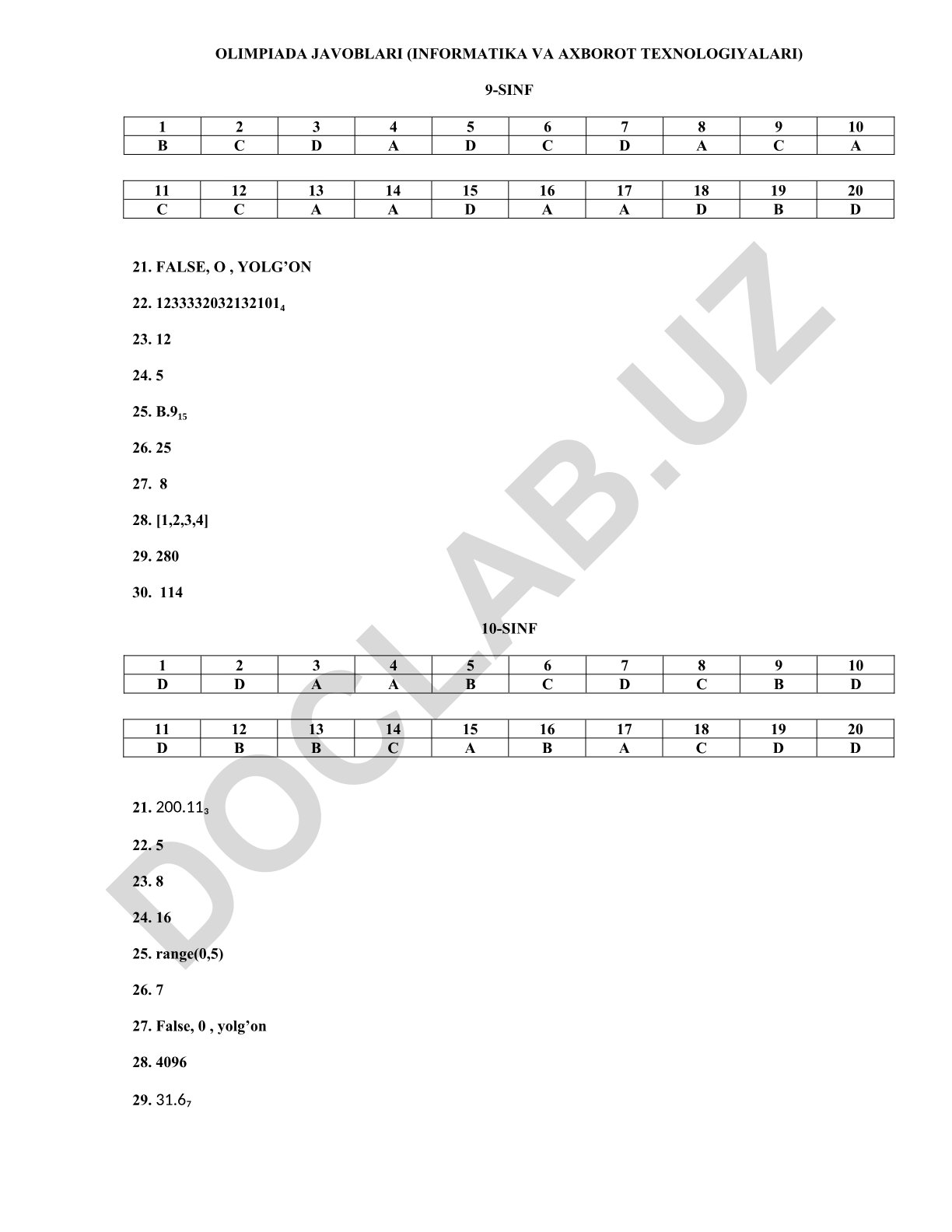 Informatika va axborot texnologiyalari olimpiada javoblari (9-11 sinflar)