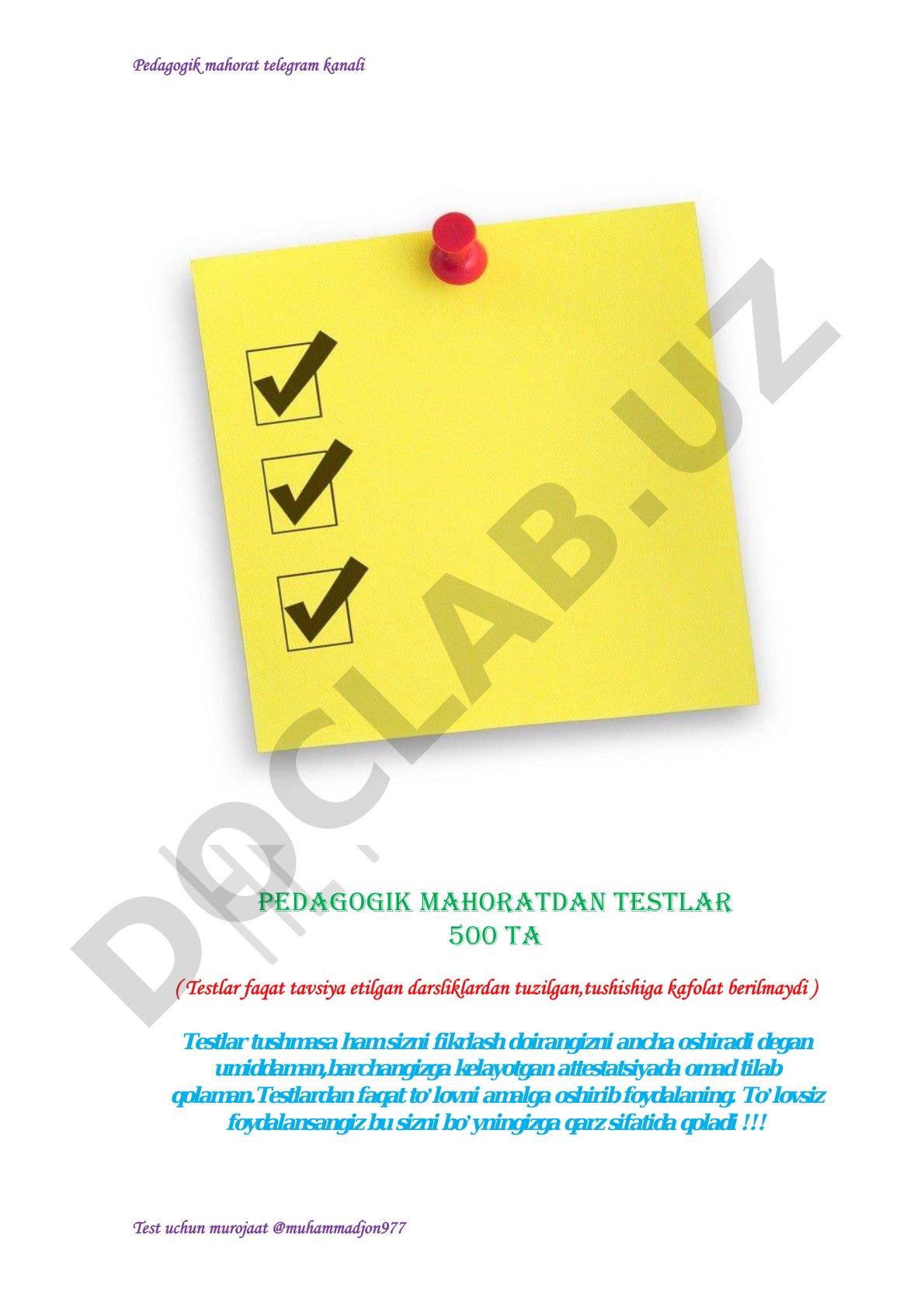 Pedagogik mahoratdan testlar 500 ta