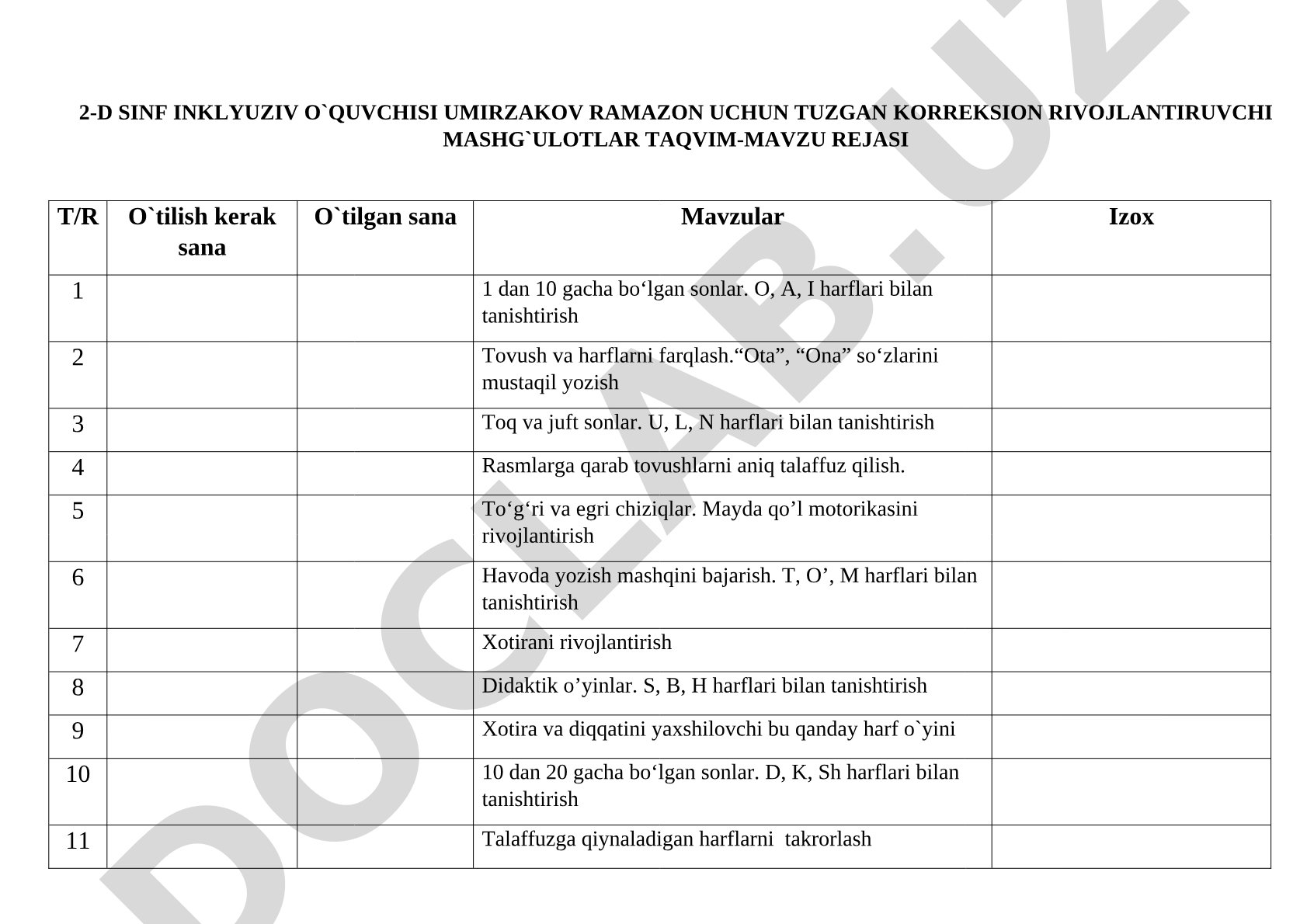 2-D sinf inklyuziv o'quvchisi Umirzakov Ramazon uchun korreksion rivojlantiruvchi mashg'ulotlar