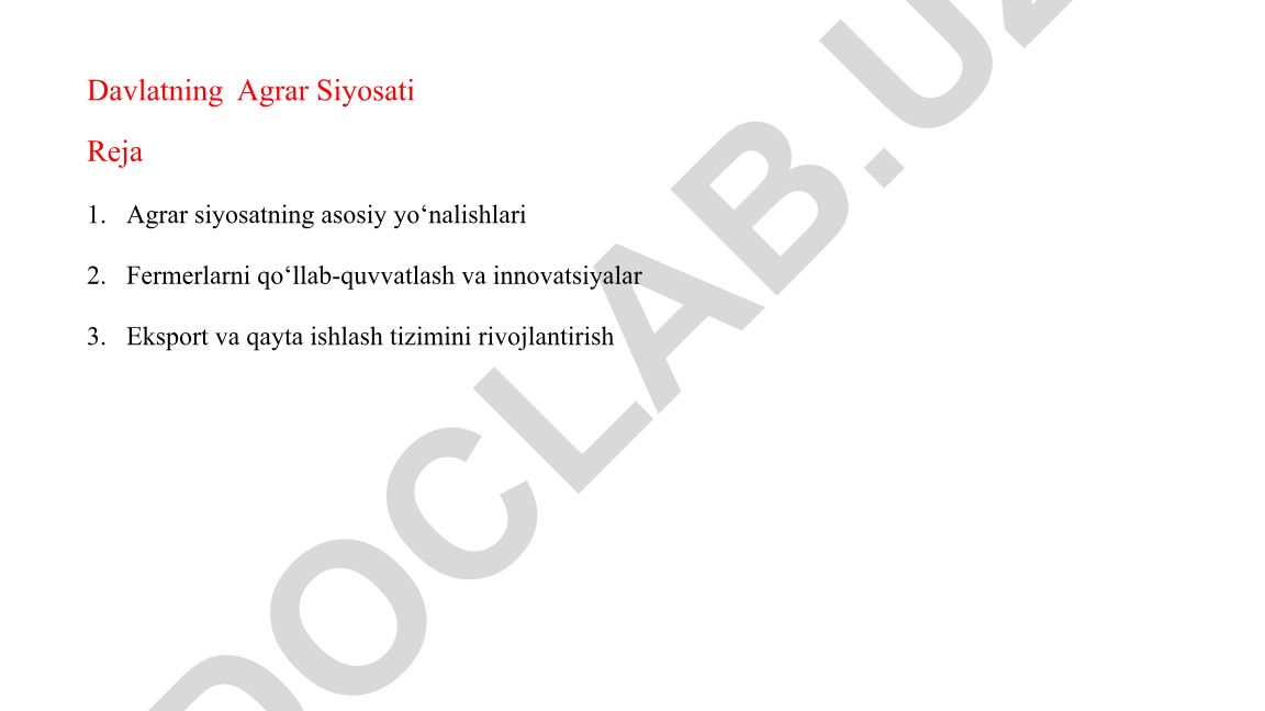 Davlatning agrar siyosati va fermerlarni qo'llab-quvvatlash