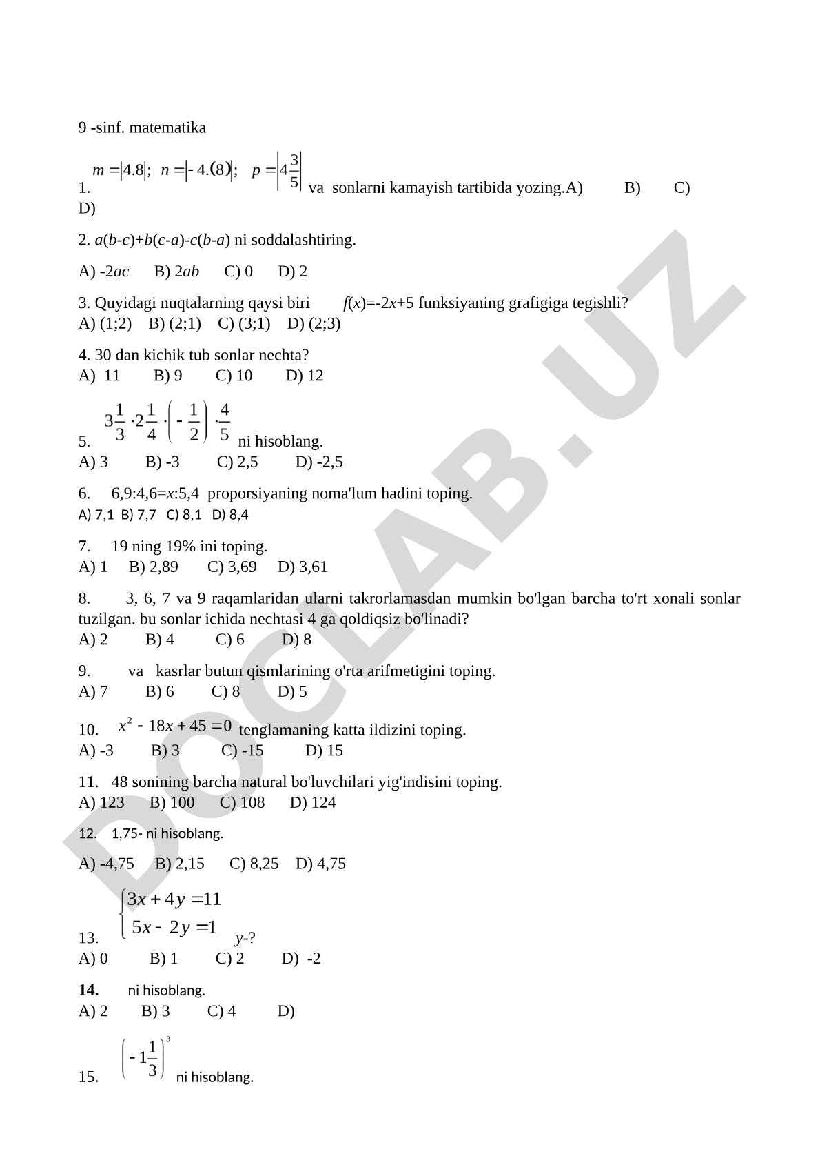 9-sinf matematika testi