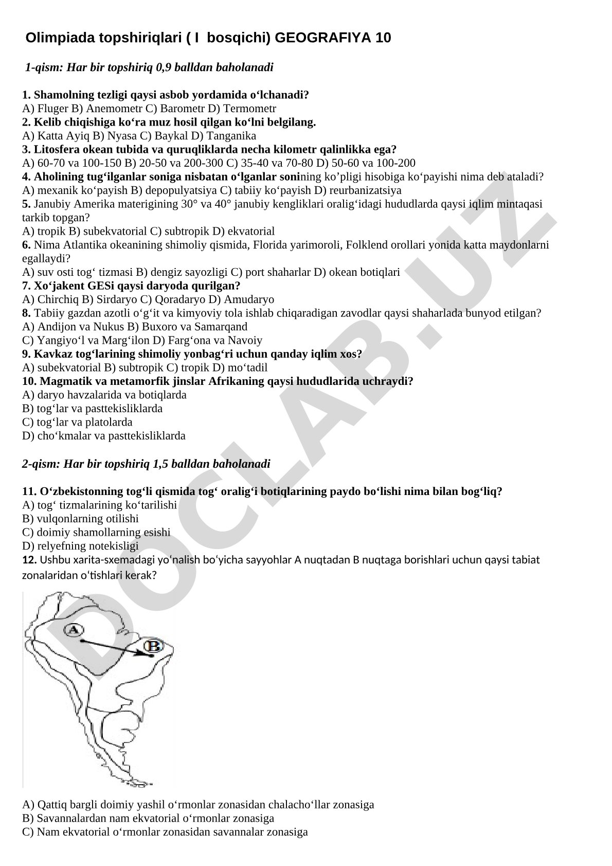 Olimpiada topshiriqlari ( I bosqichi) GEOGRAFIYA 10 1-qism