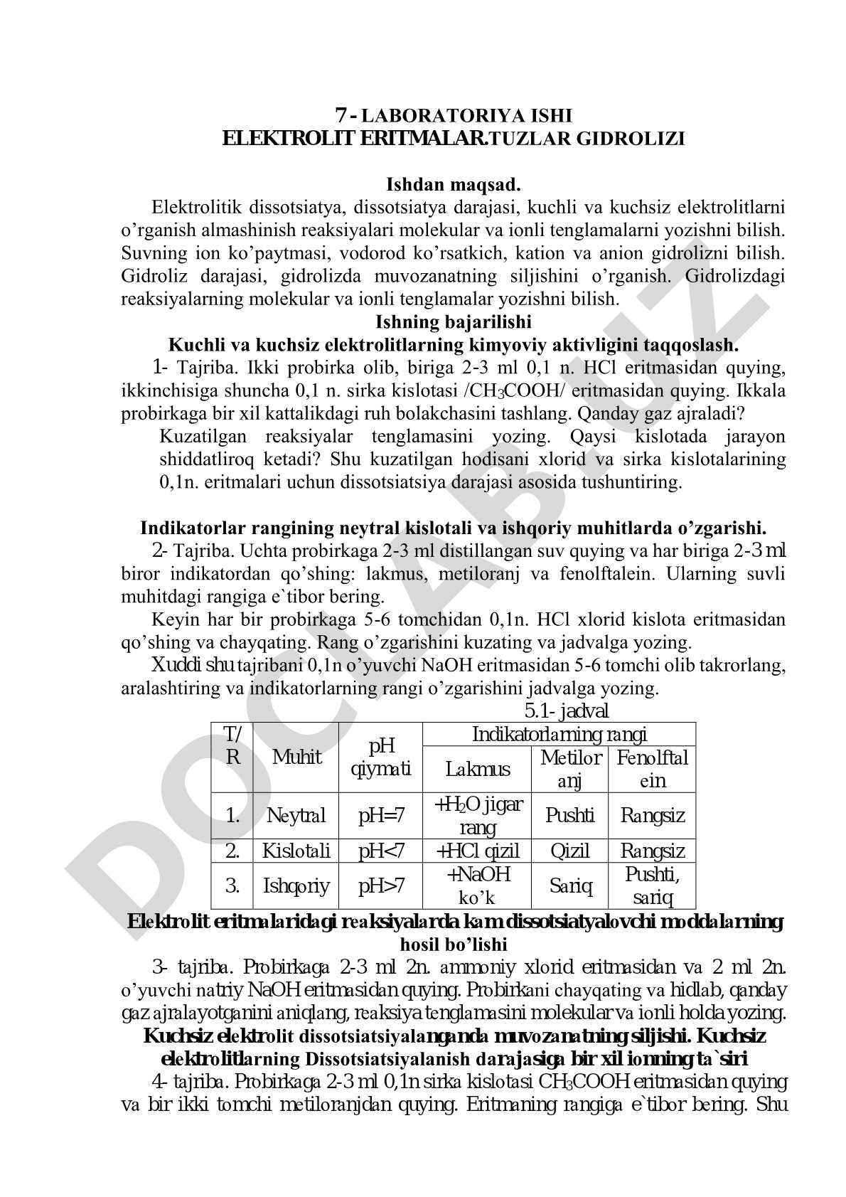 Elektrolit eritmalar. Tuzlar gidrolizi