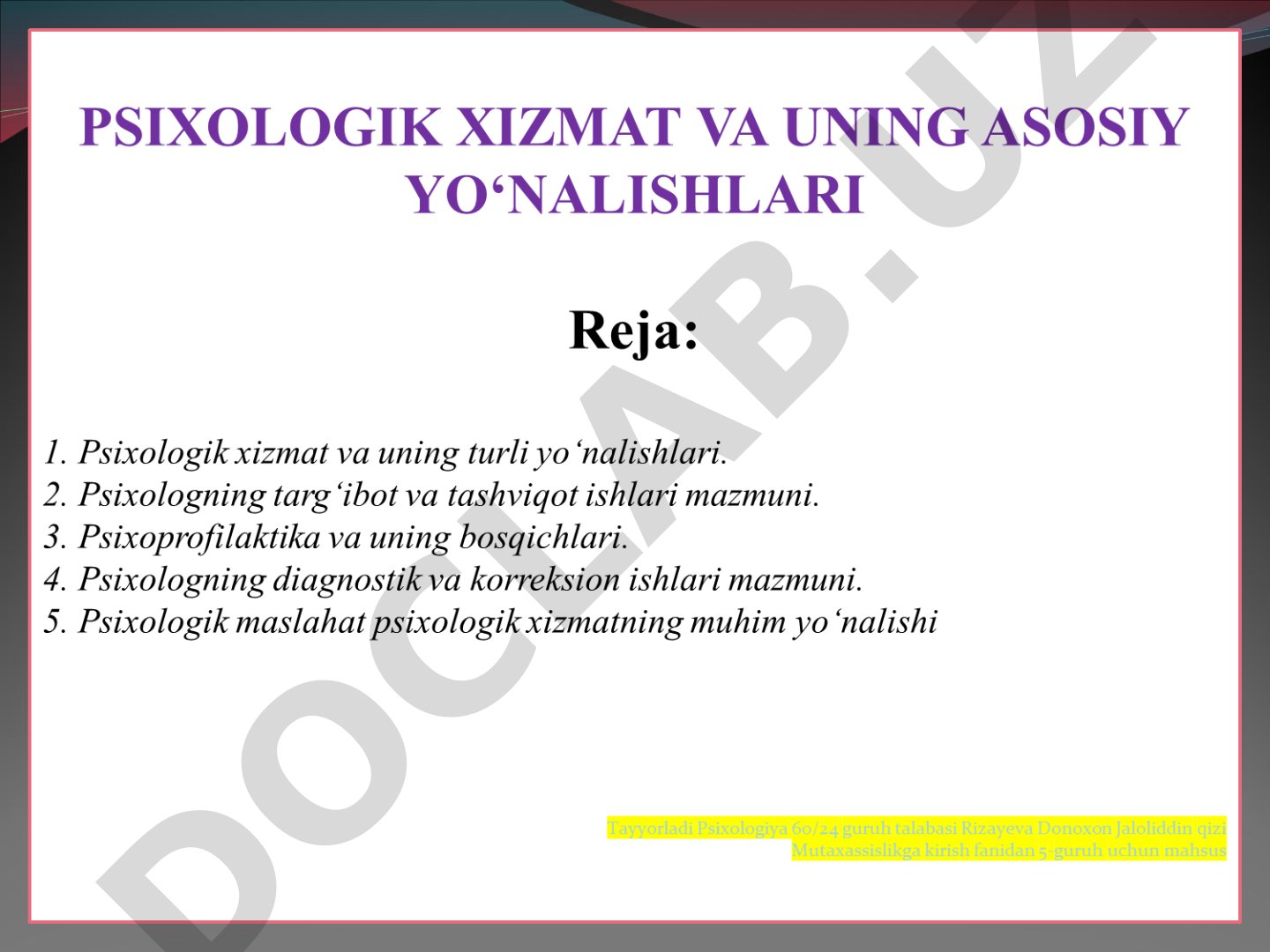 Psixologik xizmat va uning yo‘nalishlari