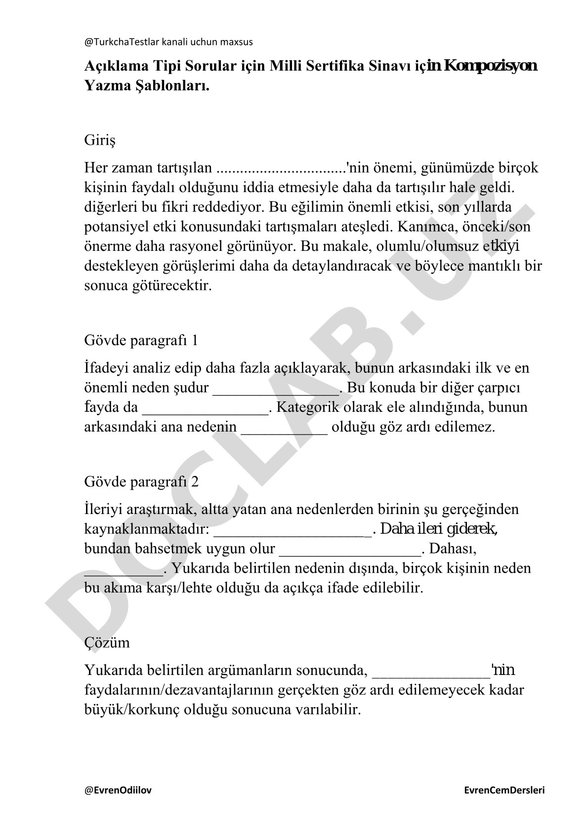 Milli Sertifika Sınavı için Kompozisyon Yazma Şablonları