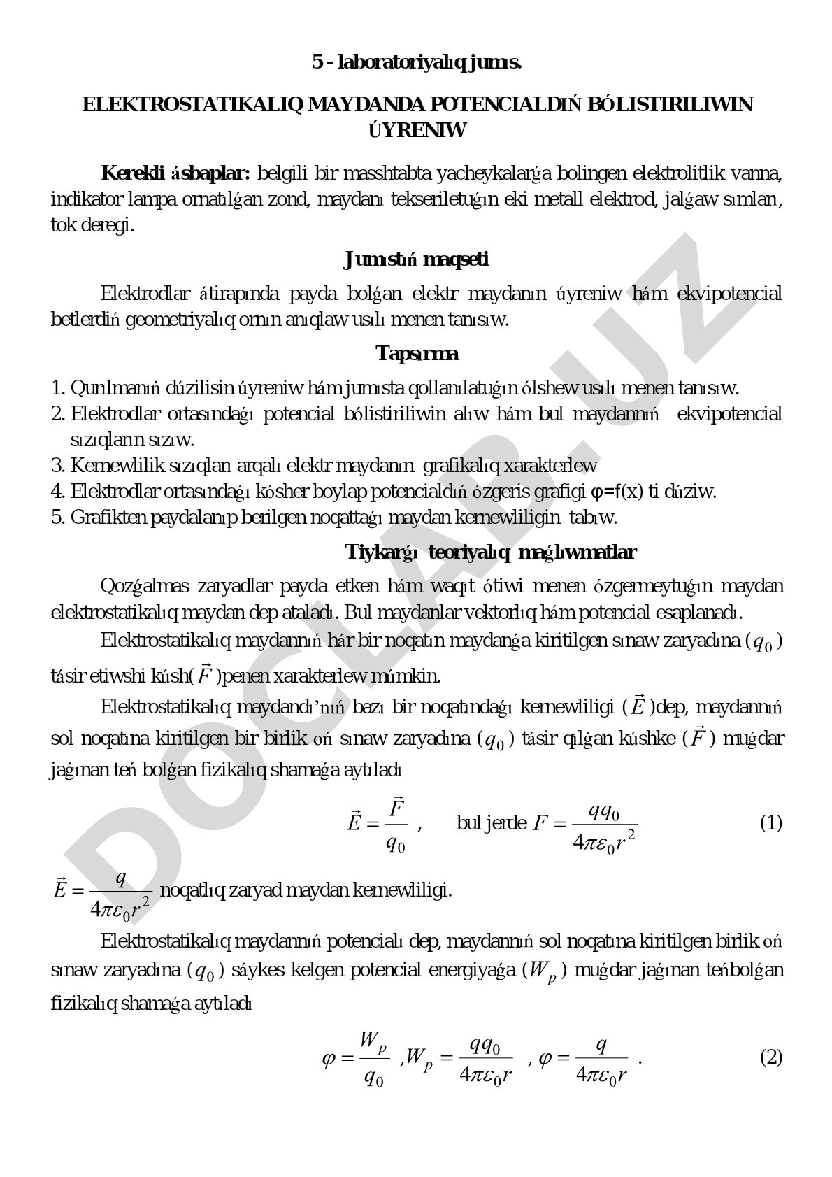 Elektrostatikalıq maydanda potencialdıń bólistiriliwin úyreniw