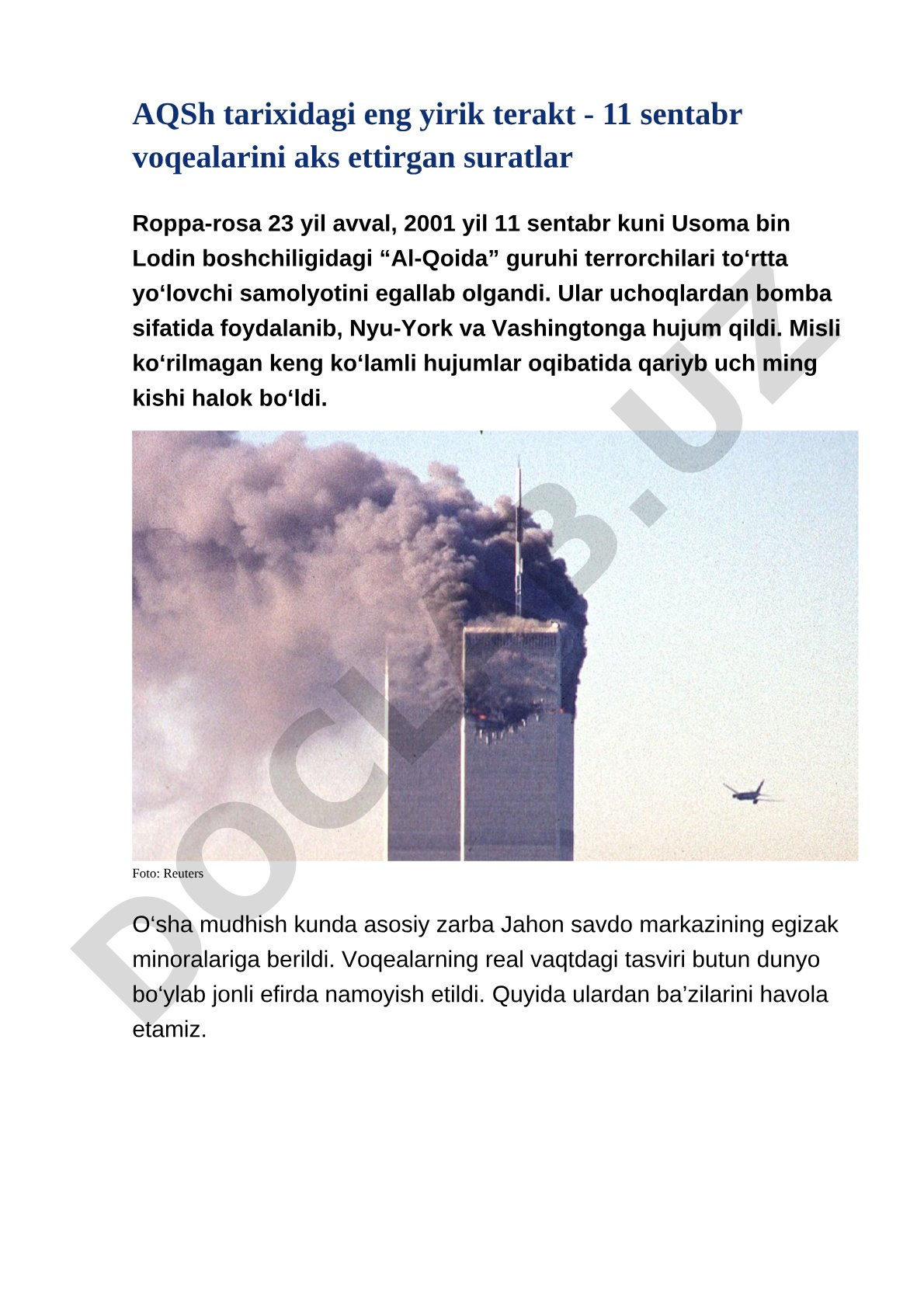11-sentabr voqealari: AQSh tarixidagi eng yirik terakt