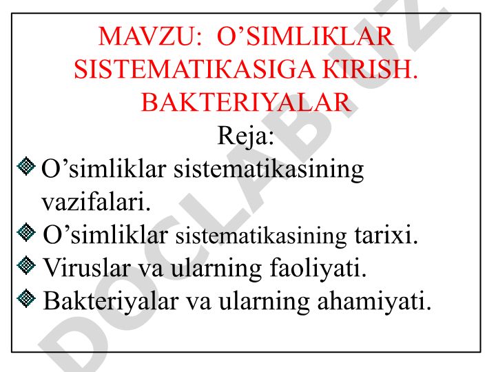O’simliklar sistematikasiga kirish. Bakteriyalar