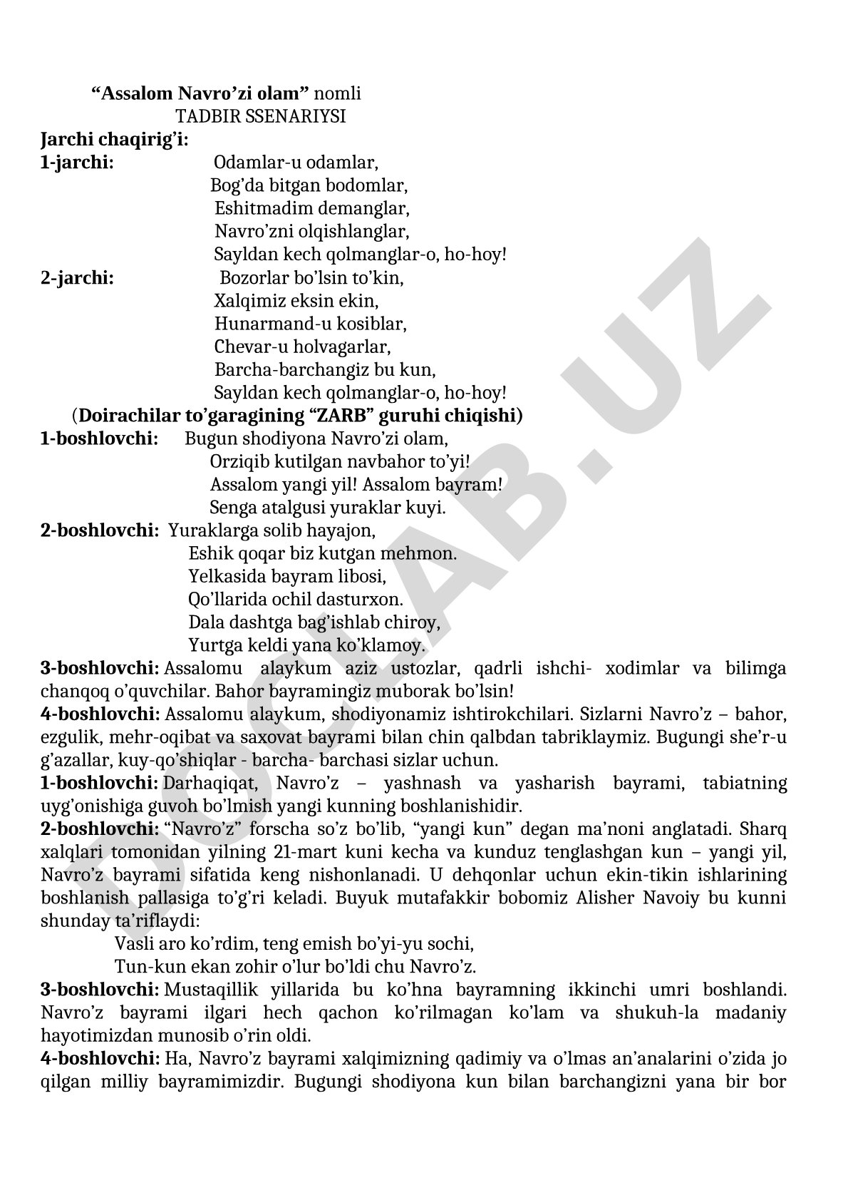 Navro'z bayrami tadbirining ssenariysi: jarchilar, boshlovchilar va she'rlar