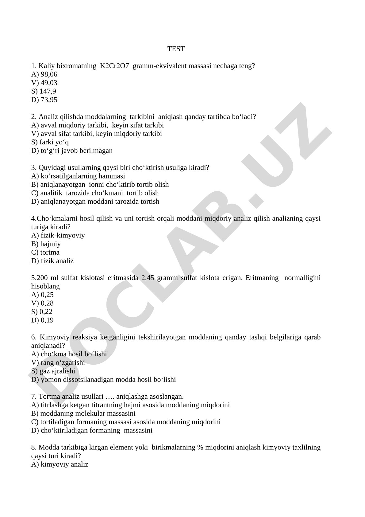 Analitik kimyodan miqdoriy analiz testi
