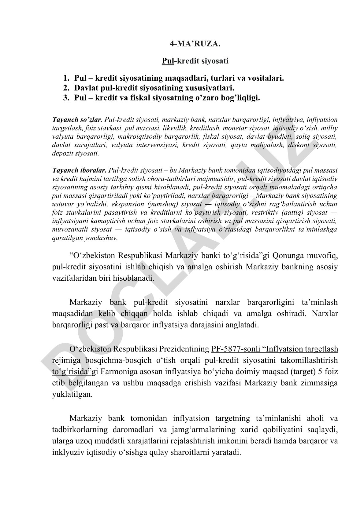 Pul-kredit siyosati: maqsadlar, turlari, vositalari va fiskal siyosat bilan bog'liqligi