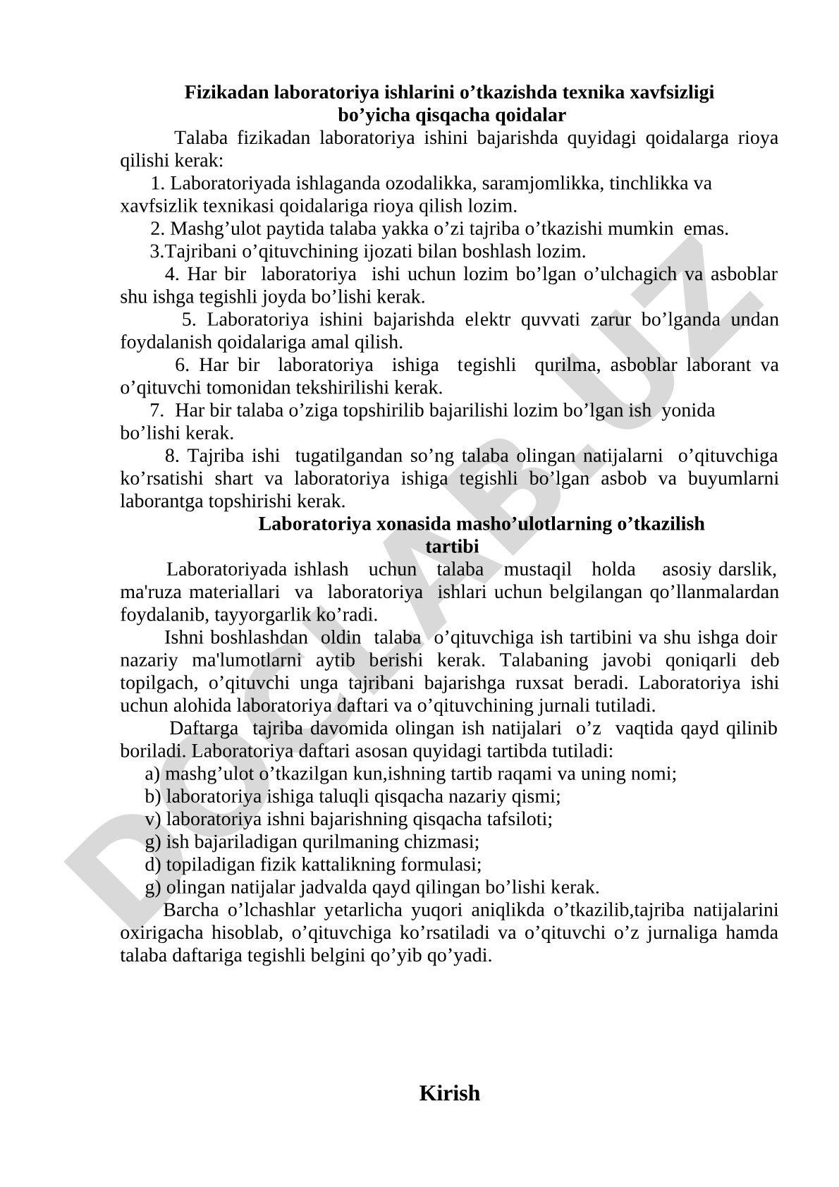 Fizikadan laboratoriya ishlarini o’tkazishda texnika xavfsizligi bo’yicha qisqacha qoidalar