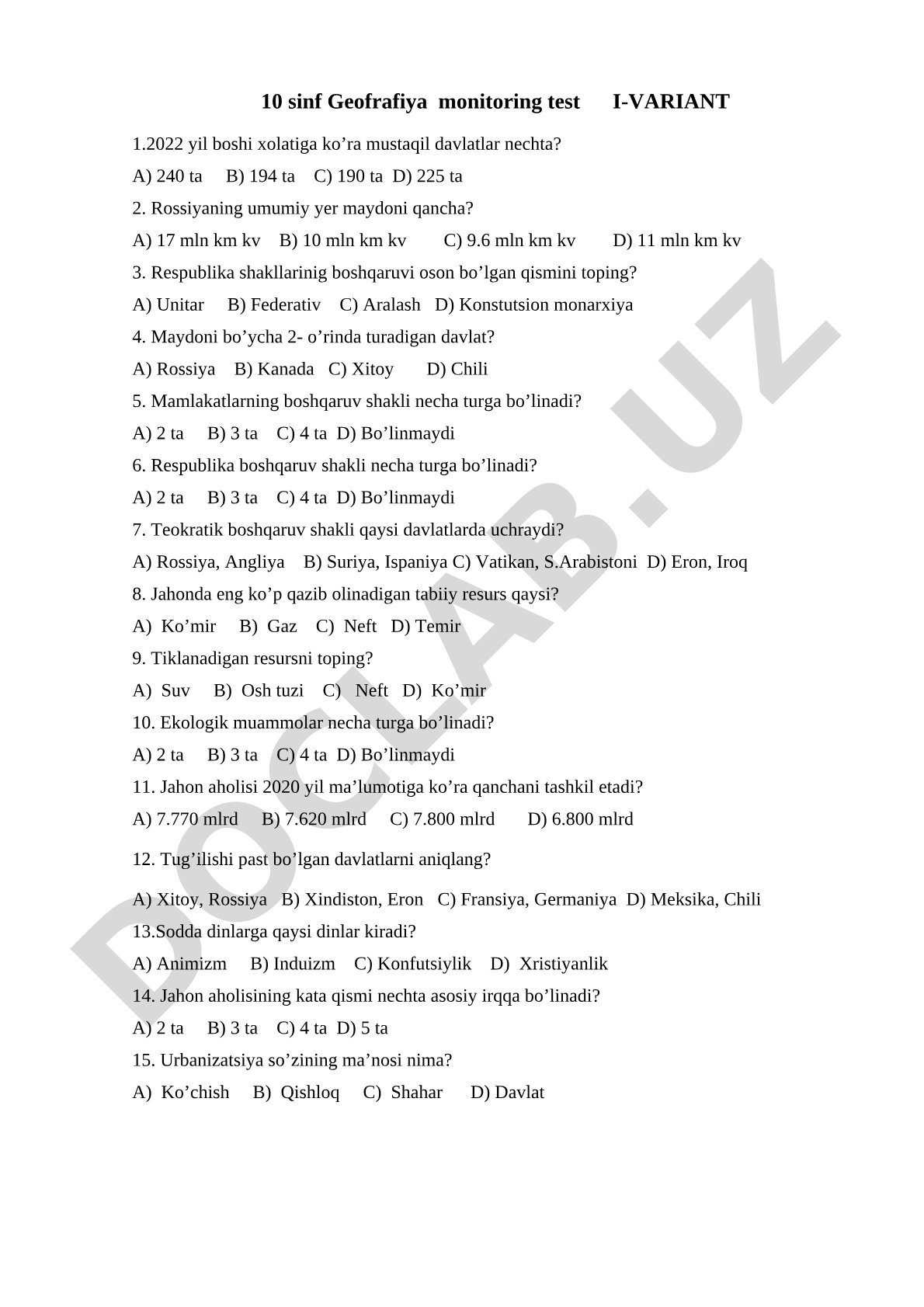 10 sinf Geofrafiya monitoring test I-variant