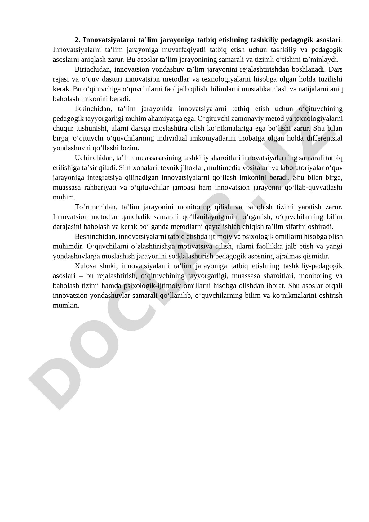 Innovatsiyalarni ta’lim jarayoniga tatbiq etishning tashkiliy pedagogik asoslari