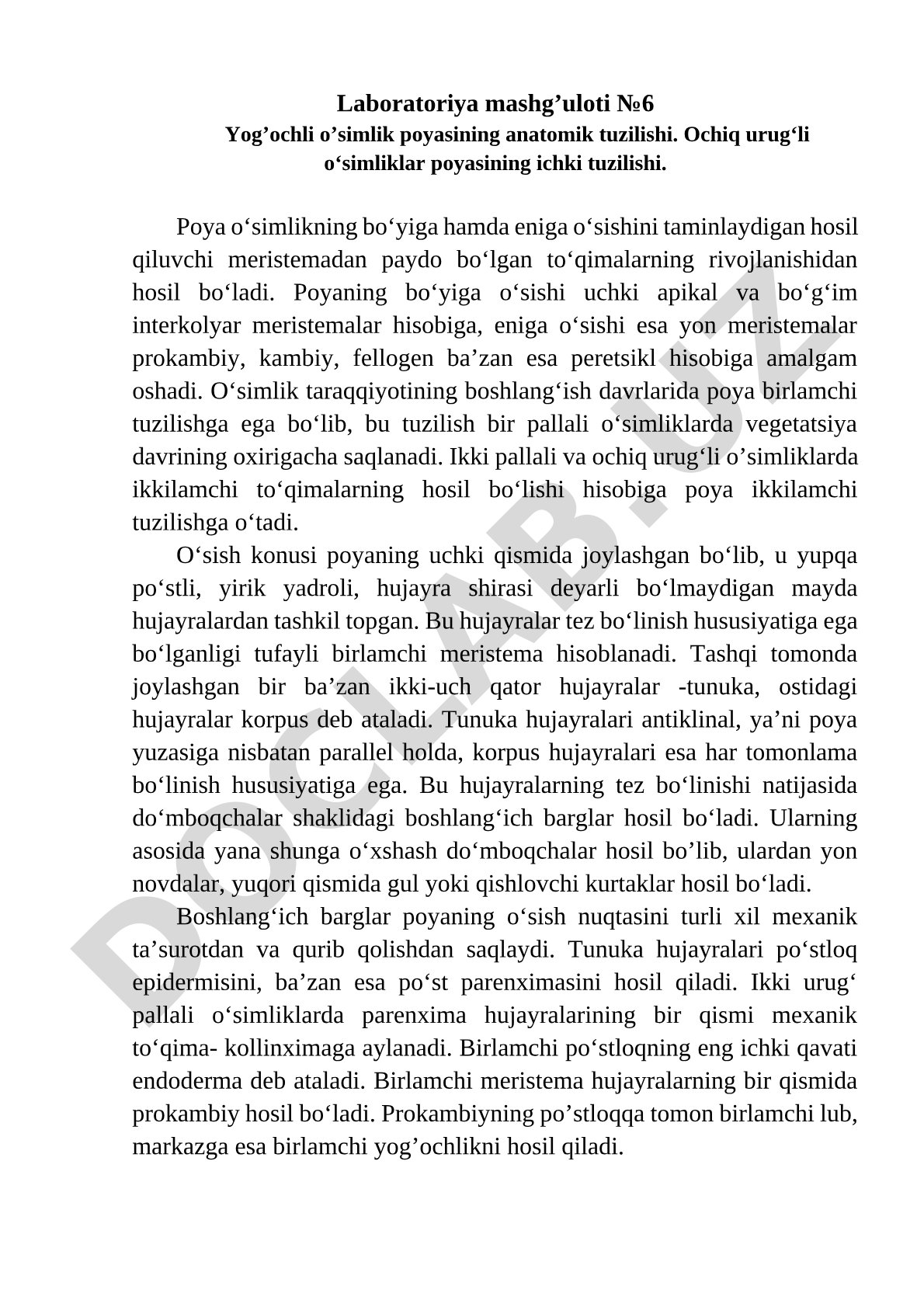 Yog'ochli o'simlik poyasining anatomik tuzilishi
