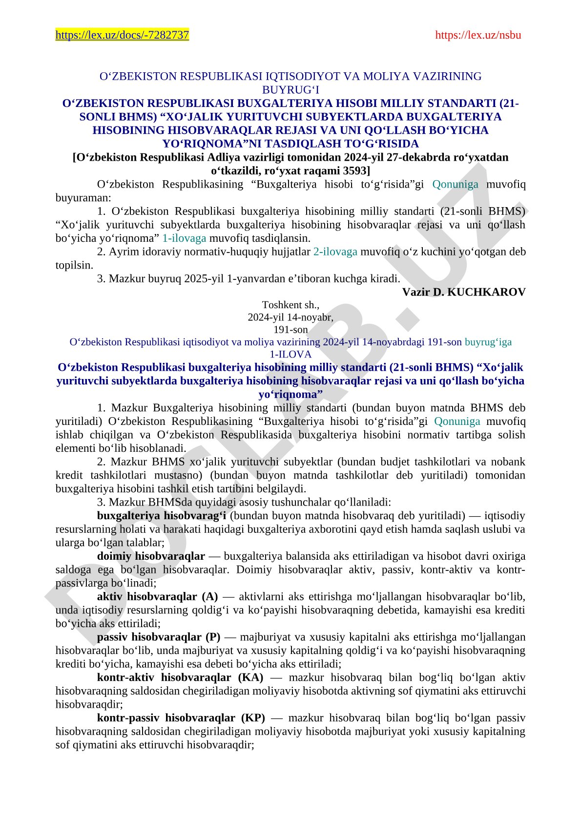 Buxgalteriya hisobining 21-sonli milliy standarti: hisobvaraqlar rejasi va qo'llash yo'riqnomasi